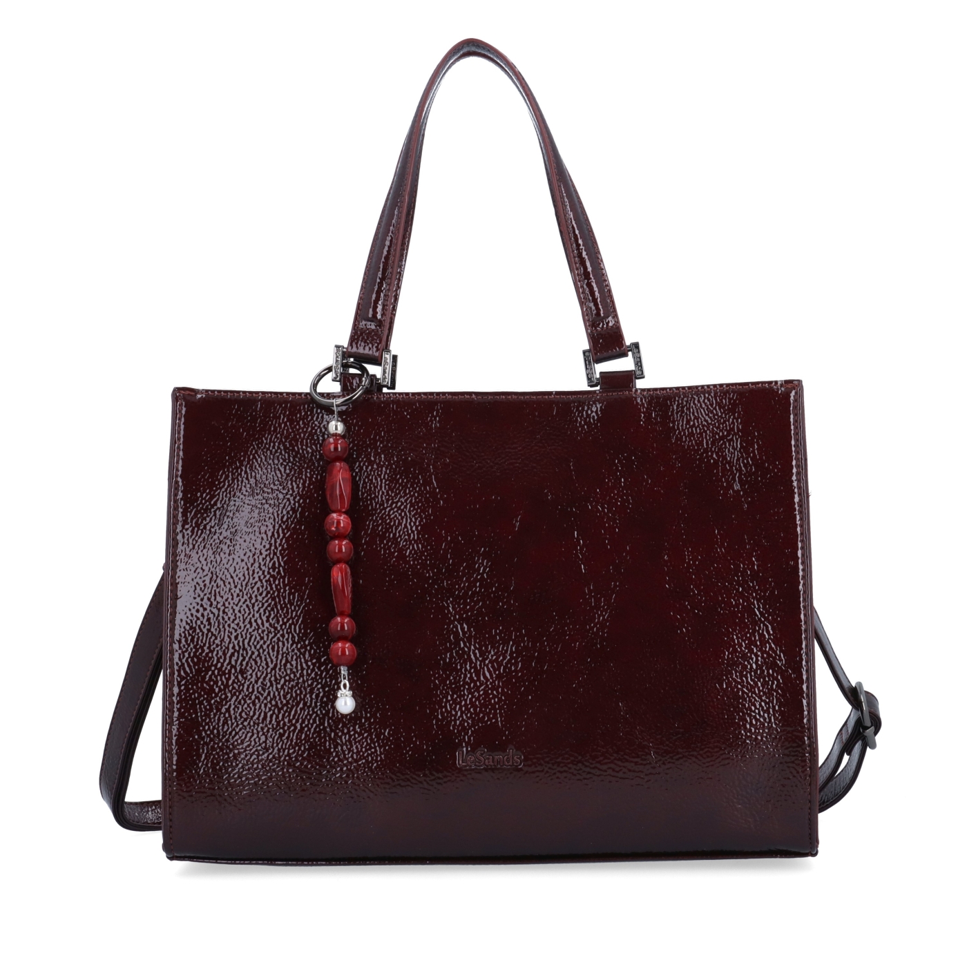 Kabelka do ruky s odnímatelným crossbody popruhem a přívěskem Le Sands materiál syntetická kůže zapínání na zip barva vínová velikost střední 4638 BO Zepředu