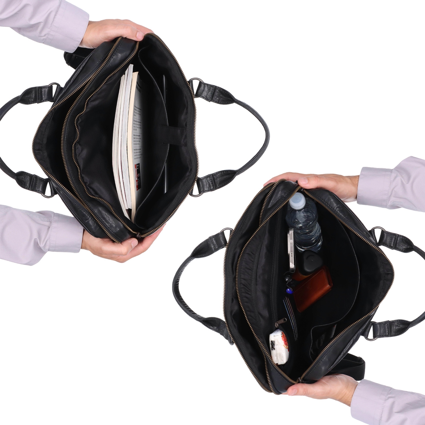 Kožená pánská taška s přihrádkami na notebook Poyem materiál kůže zapínání na zip barva černá velikost velká 2222 Poyem C Vnitřek