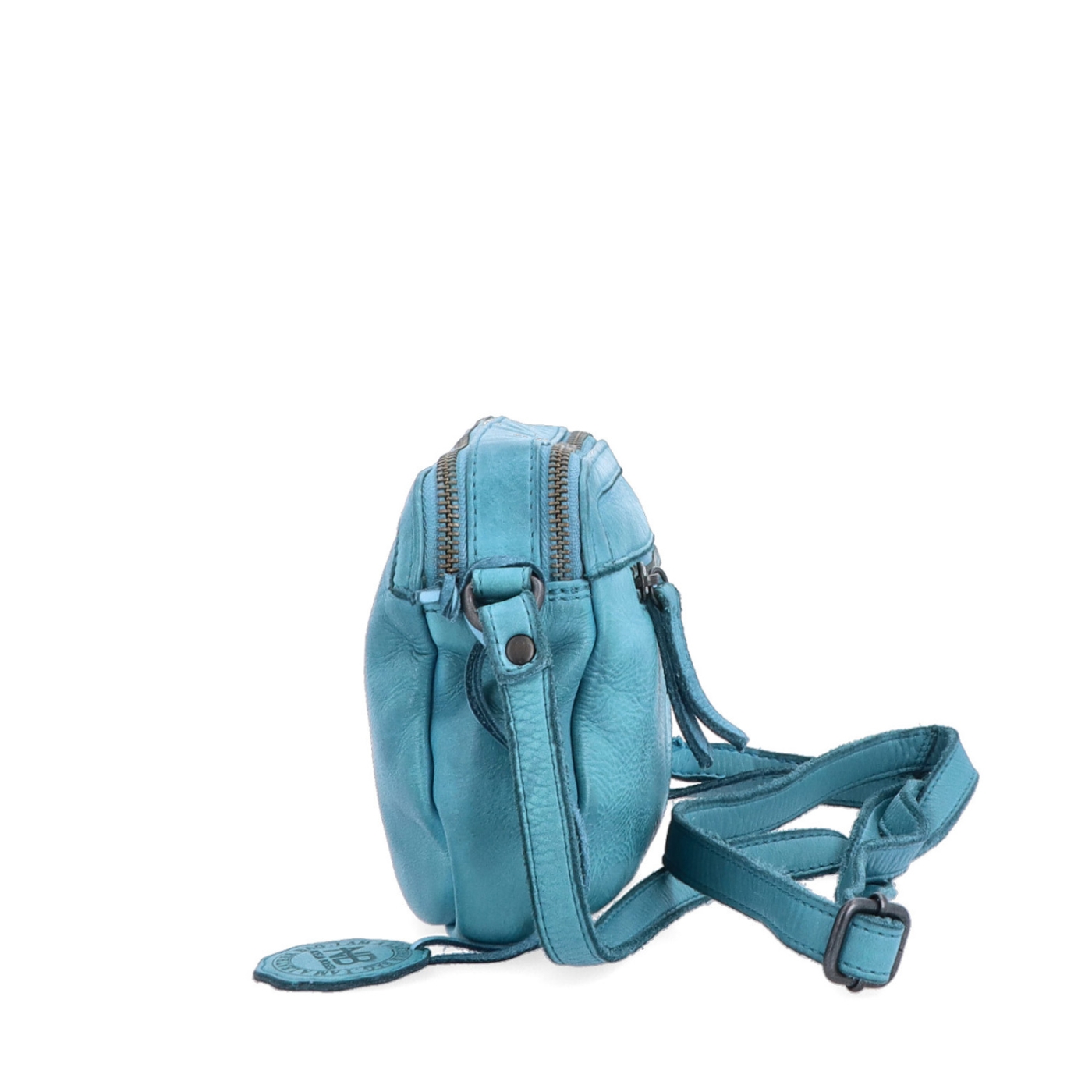 Minimalistická kožená crossbody kabelka Noelia Bolger materiál kůže zapínání na zip barva tyrkysová velikost malá NB 2407 TYR Z boku