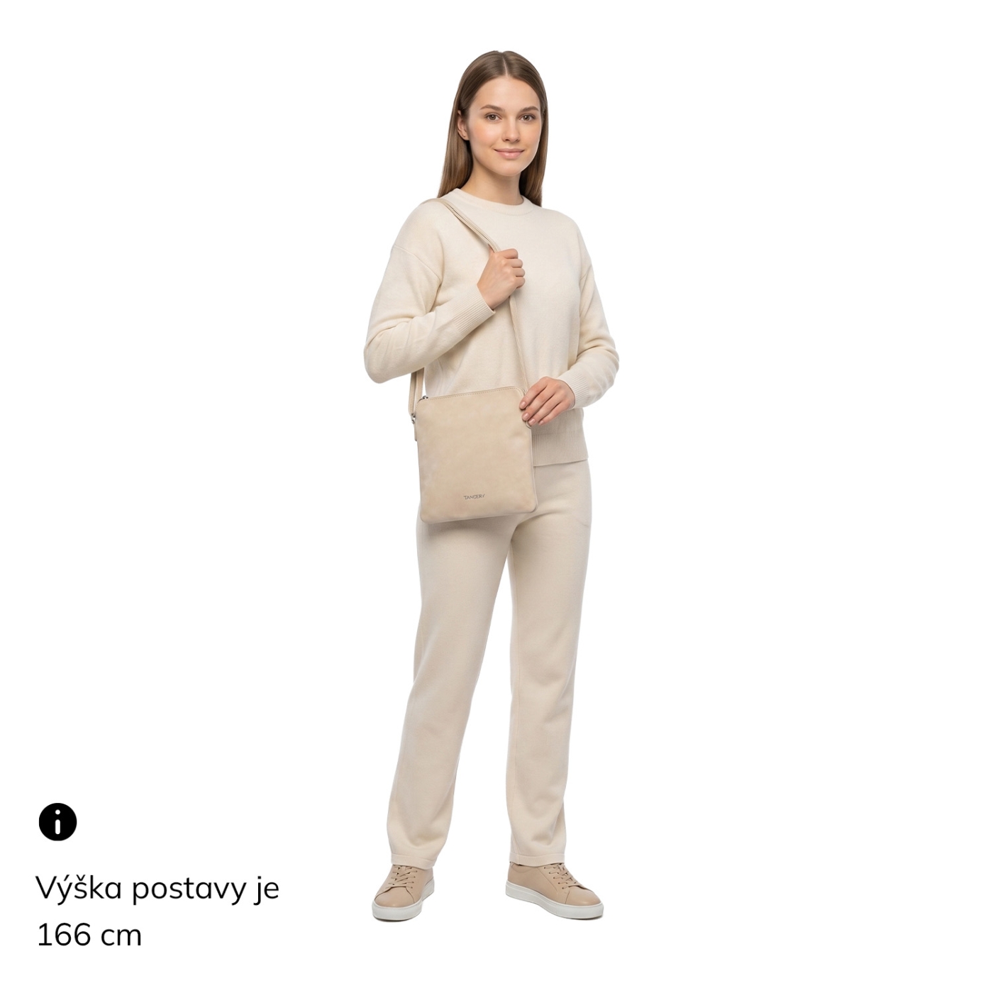 Menší crossbody kabelka z hebkého materiálu Tangerin materiál syntetická kůže zapínání na zip barva béžová velikost malá 7017 SAN Na postavě