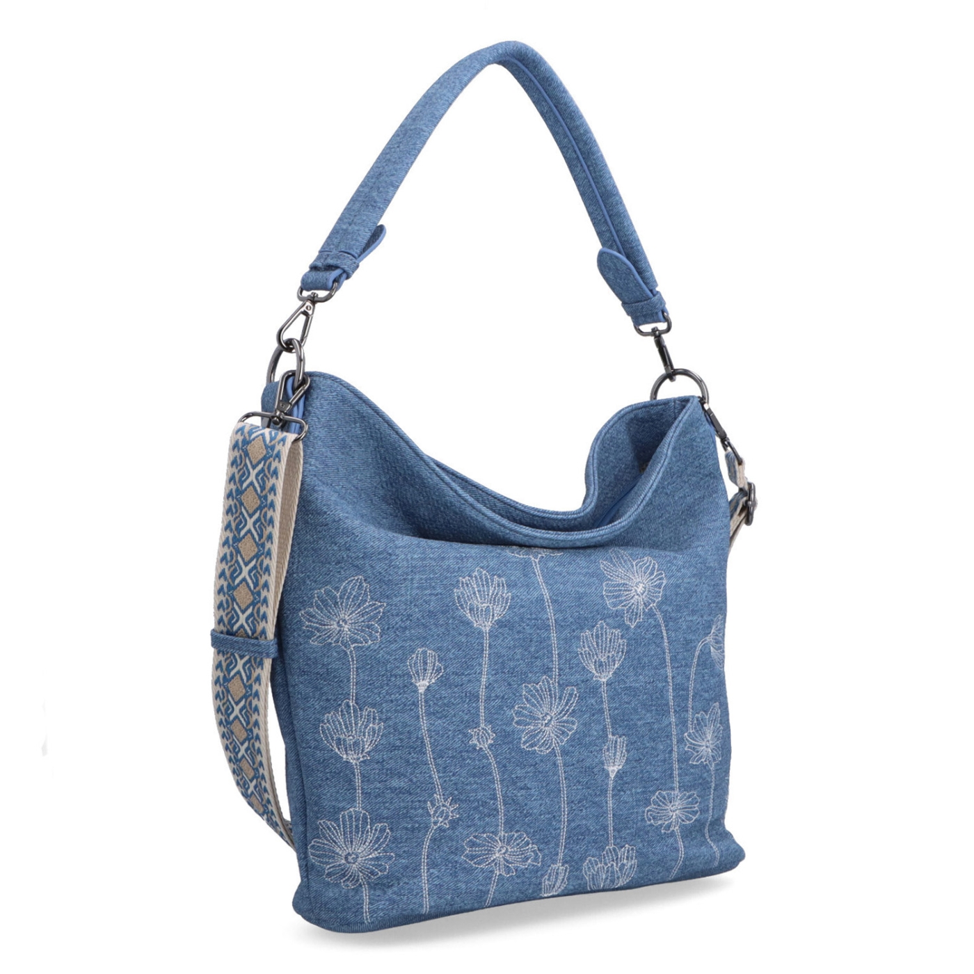 Prostorná crossbody kabelka s květinovým vzorem Indee materiál syntetická kůže zapínání na zip barva modrá velikost střední 6337 M