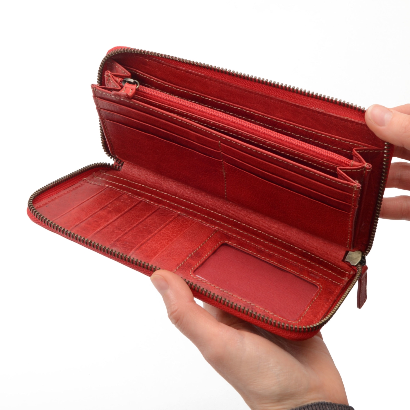 Kožená peněženka penál Poyem materiál kůže zapínání na zip barva červená velikost velká 5213 Poyem CV Shora