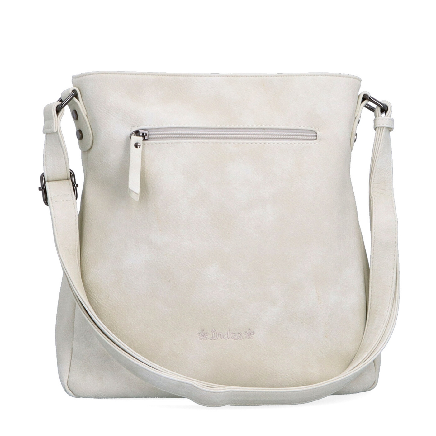 Prostorná crossbody kabelka s motivem Indee materiál syntetická kůže zapínání na zip barva béžová velikost střední 6327 K Zezadu