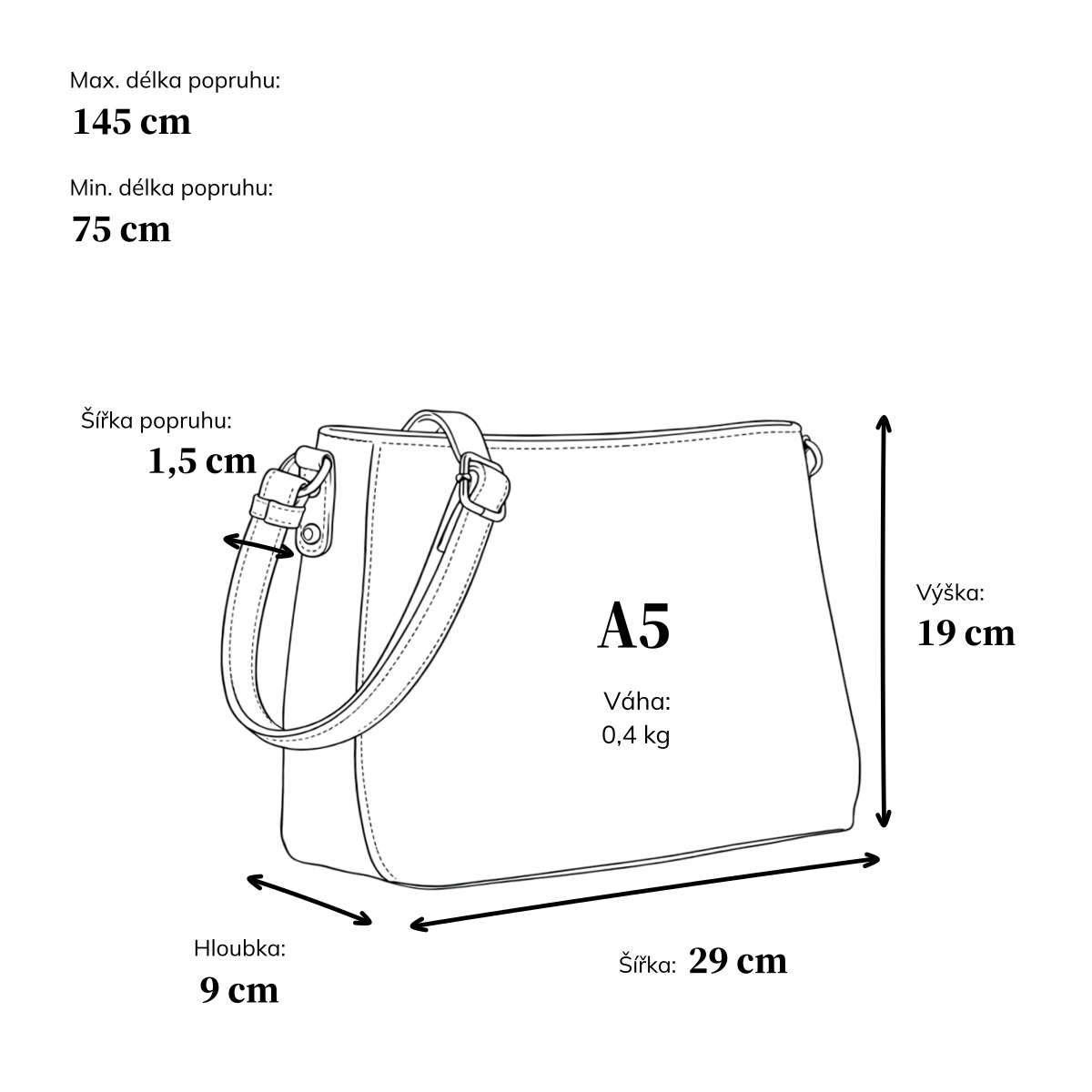 Praktická a elegantní crossbody kabelka Carmelo materiál syntetická kůže zapínání na zip barva černá velikost střední 4605 C Rozměry