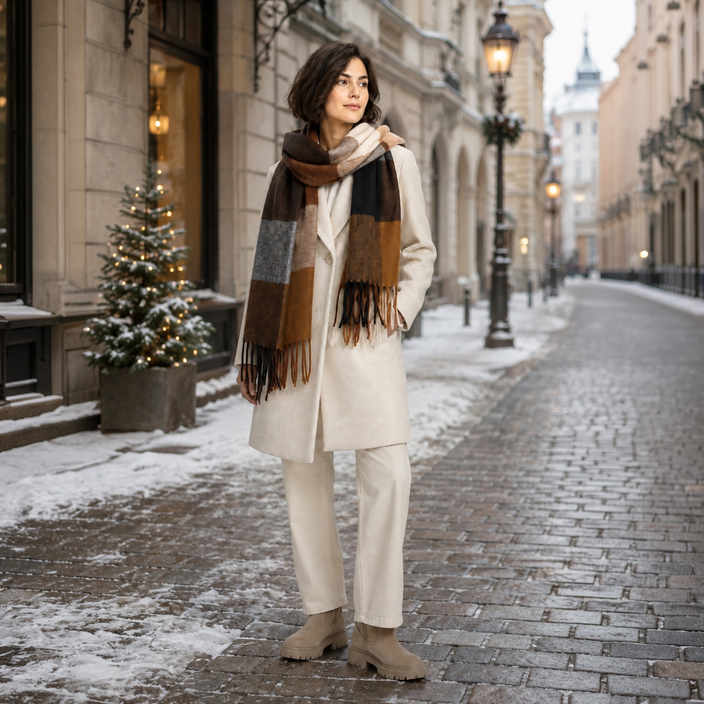 Příjemná šála s kostkovaným vzorem Noelia Bolger materiál Polyester s příměsí vlny barva hnědá KZ001 - 03