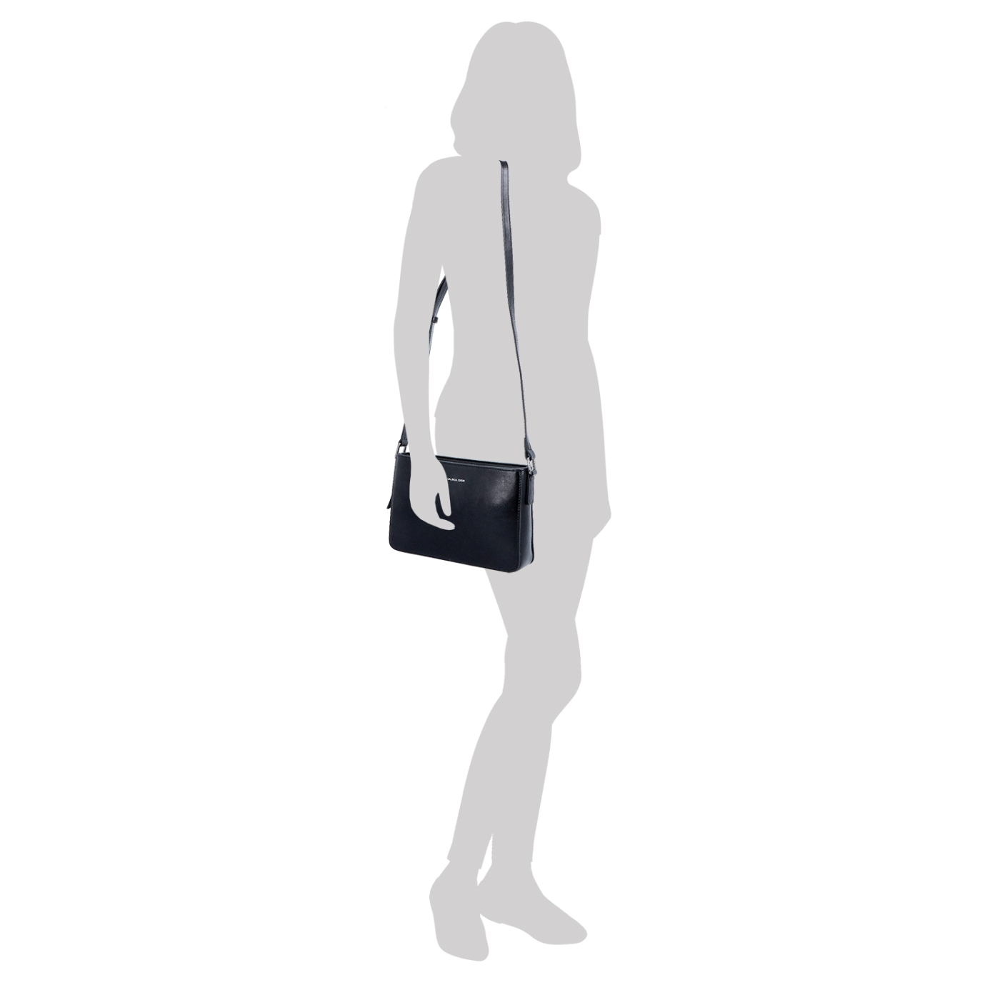 Elegantní, pevnější kožená crossbody kabelka Noelia Bolger materiál kůže zapínání na zip barva černá velikost malá NB 0103 C Na postavě