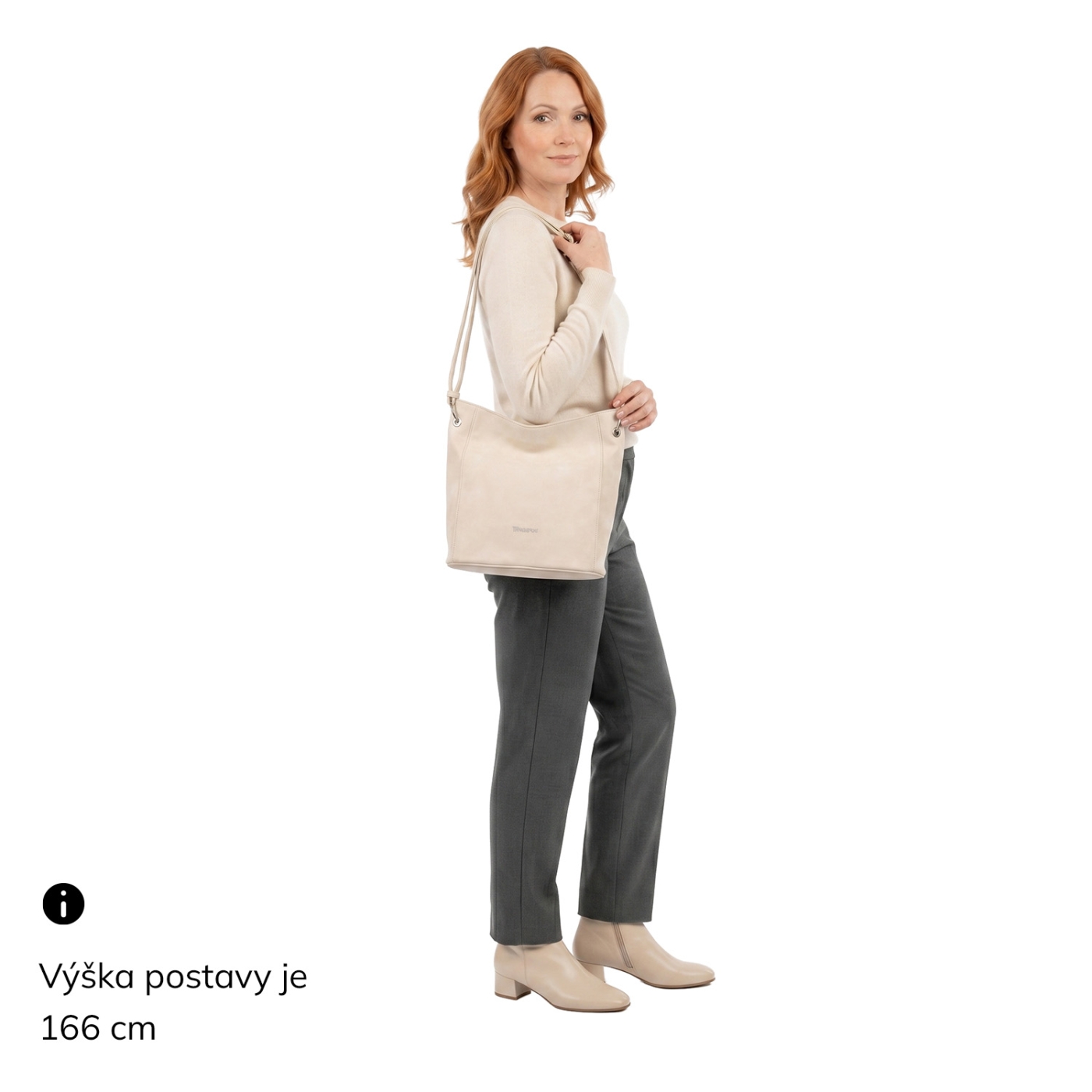 Městská crossbody kabelka s hebkým povrchem a děleným vnitřkem Tangerin materiál syntetická kůže zapínání na zip barva béžová velikost střední 7015 BE Na postavě