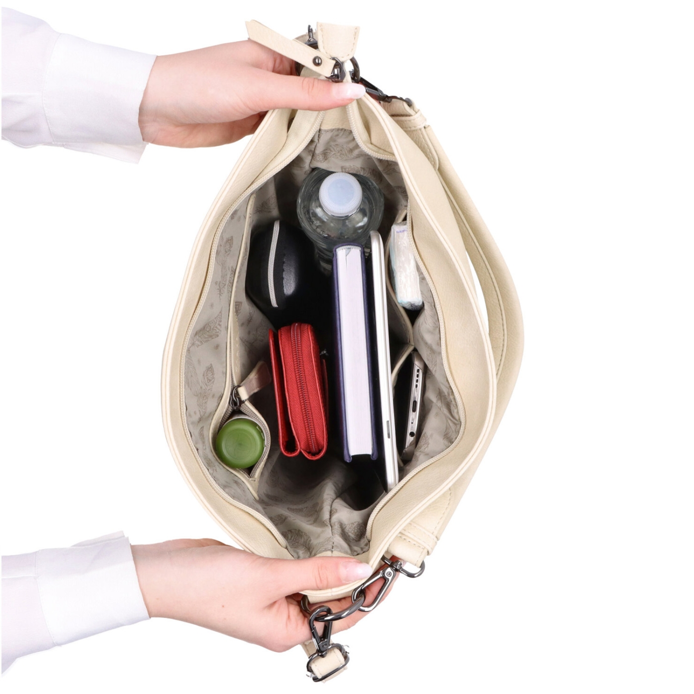 Praktická kabelka hobo bag s motivem Indee materiál syntetická kůže zapínání na zip barva šedá velikost střední 6328 S Vnitřek