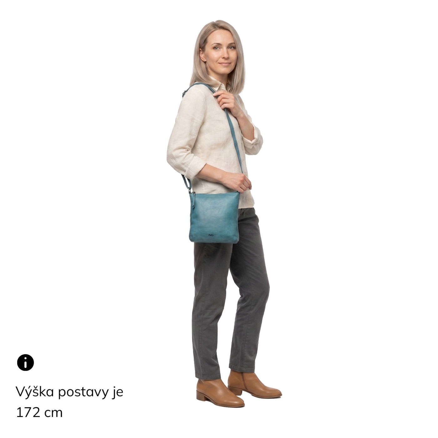 Elegantní kožená crossbody kabelka Noelia Bolger materiál kůže zapínání na zip barva tyrkysová velikost malá NB 2415 TYR Na postavě