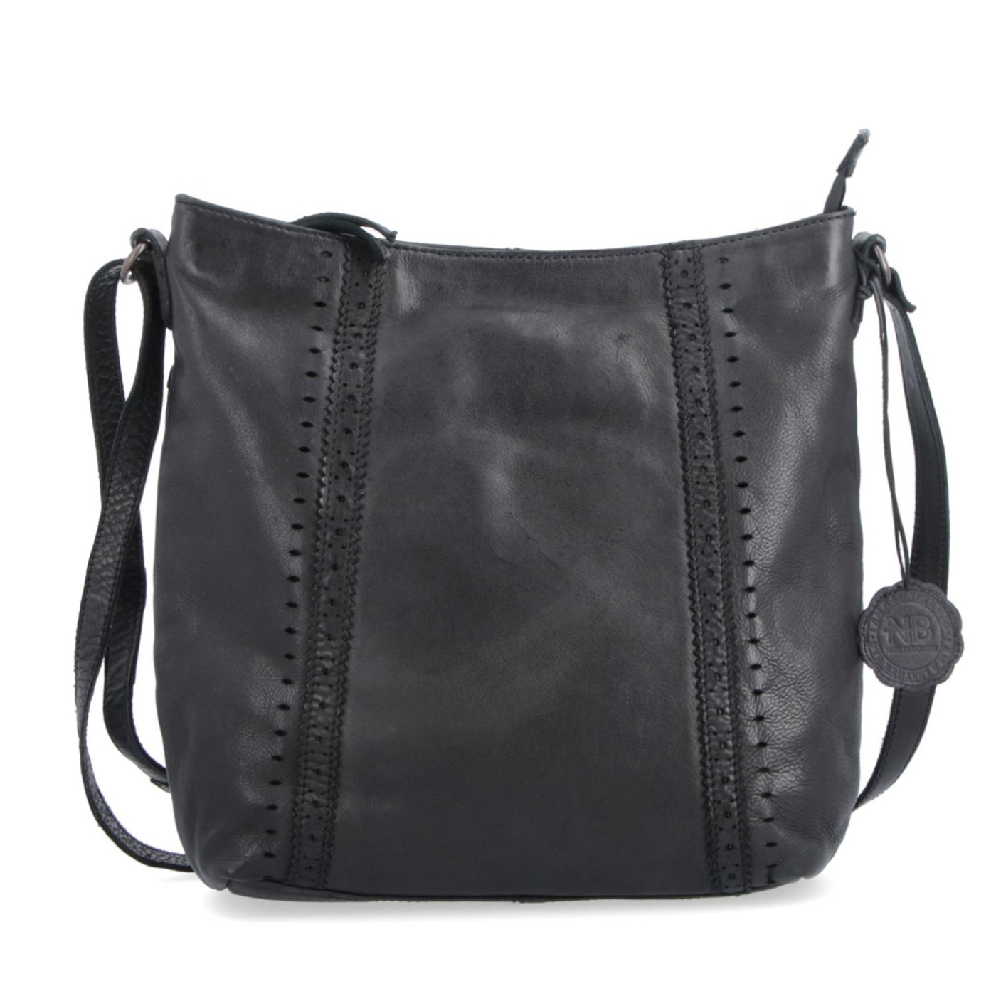 Kožená kabelka s perforací a nastavitelným crossbody popruhem Noelia Bolger materiál kůže zapínání na zip barva černá velikost střední NB 2029 C Zepředu