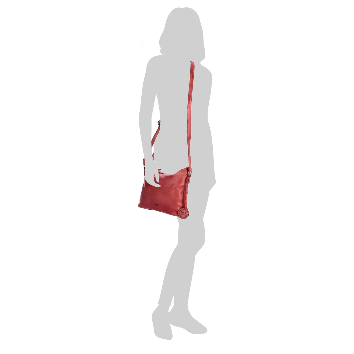 Kožená crossbody kabelka s moderním designem Noelia Bolger materiál kůže zapínání na zip barva červená velikost malá NB 2400 CV Na postavě