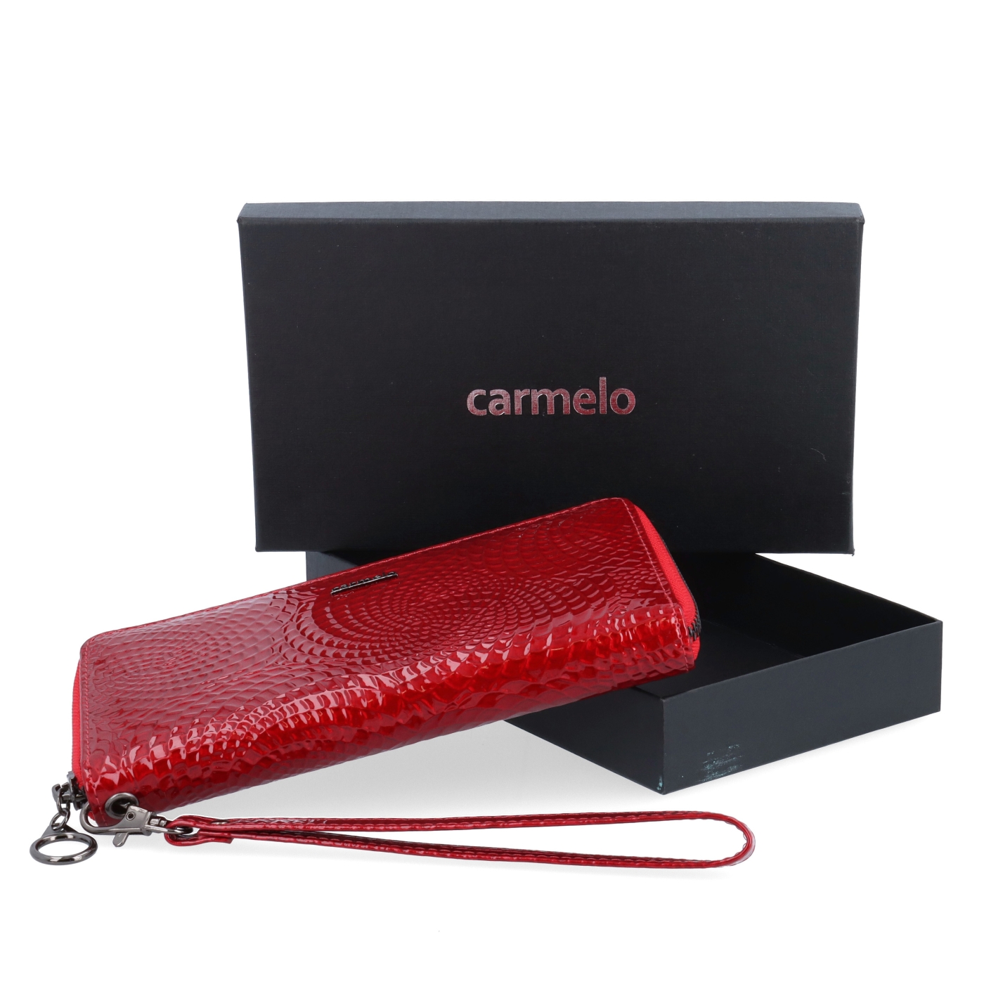 Elegantní dámská lakovaná peněženka Carmelo materiál kůže zapínání na zip barva červená velikost velká 2102 Z CV Krabička