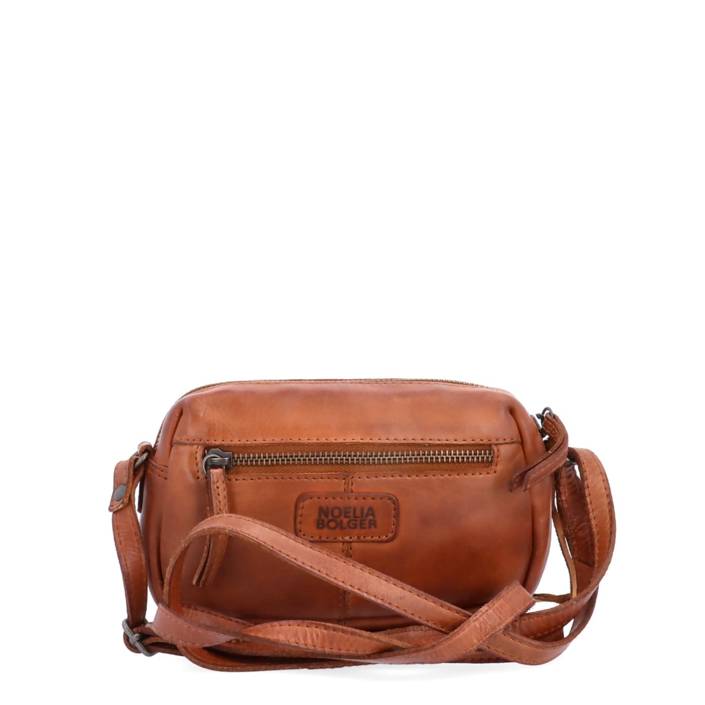 Minimalistická kožená crossbody kabelka Noelia Bolger materiál kůže zapínání na zip barva koňaková velikost malá NB 2417 KO Zezadu
