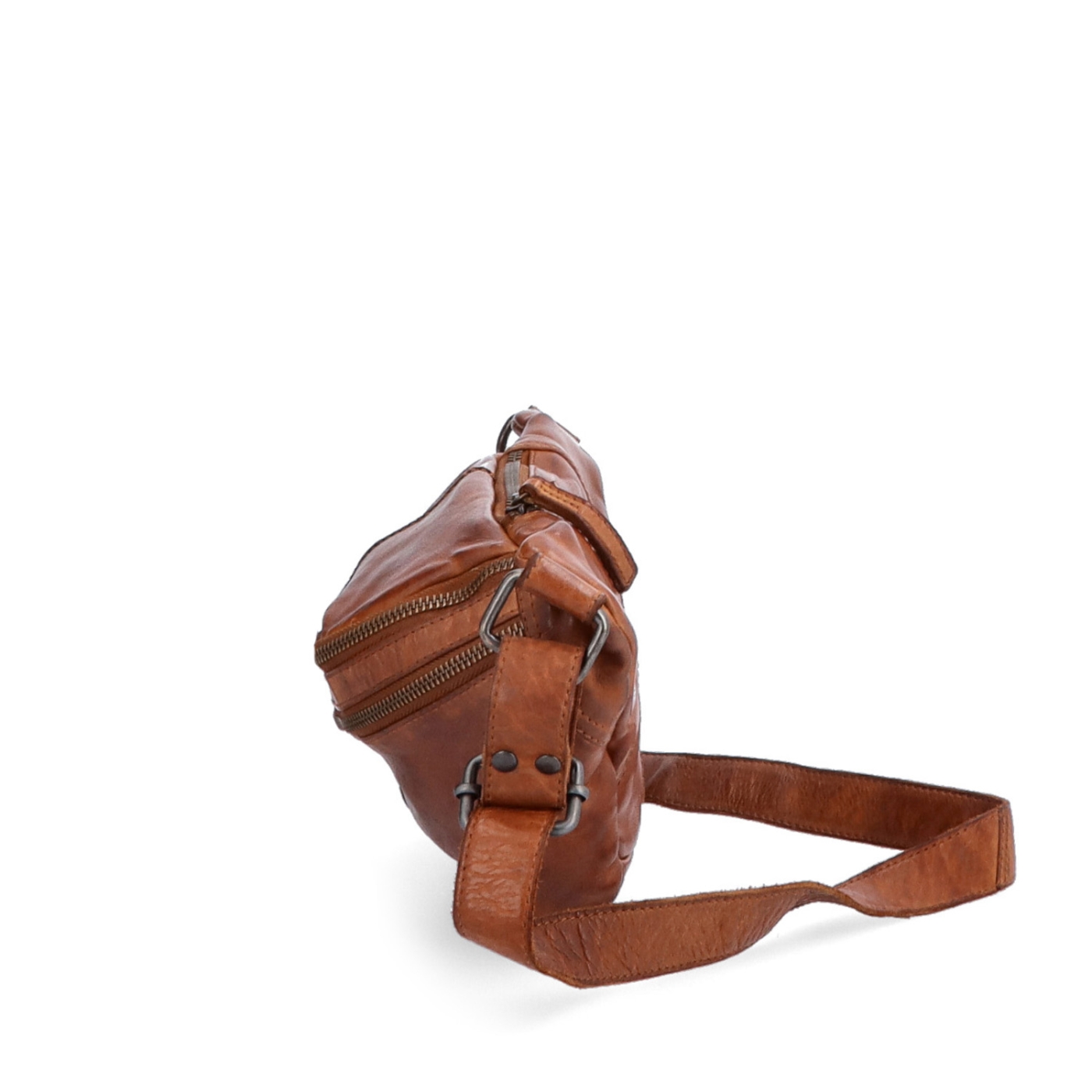 Moderní kožená crossbody ledvinka se dvěma zipy Noelia Bolger materiál kůže zapínání na zip barva koňaková velikost střední NB 2035 KO Z boku