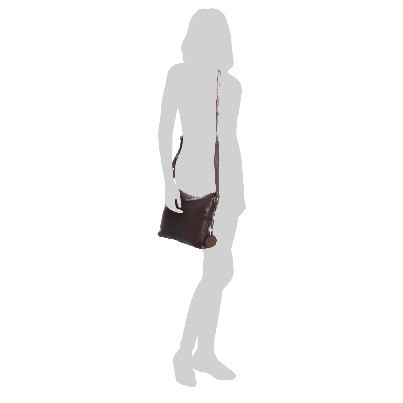 Kožená crossbody kabelka s moderním designem Noelia Bolger materiál kůže zapínání na zip barva hnědá velikost malá NB 2400 H Na postavě