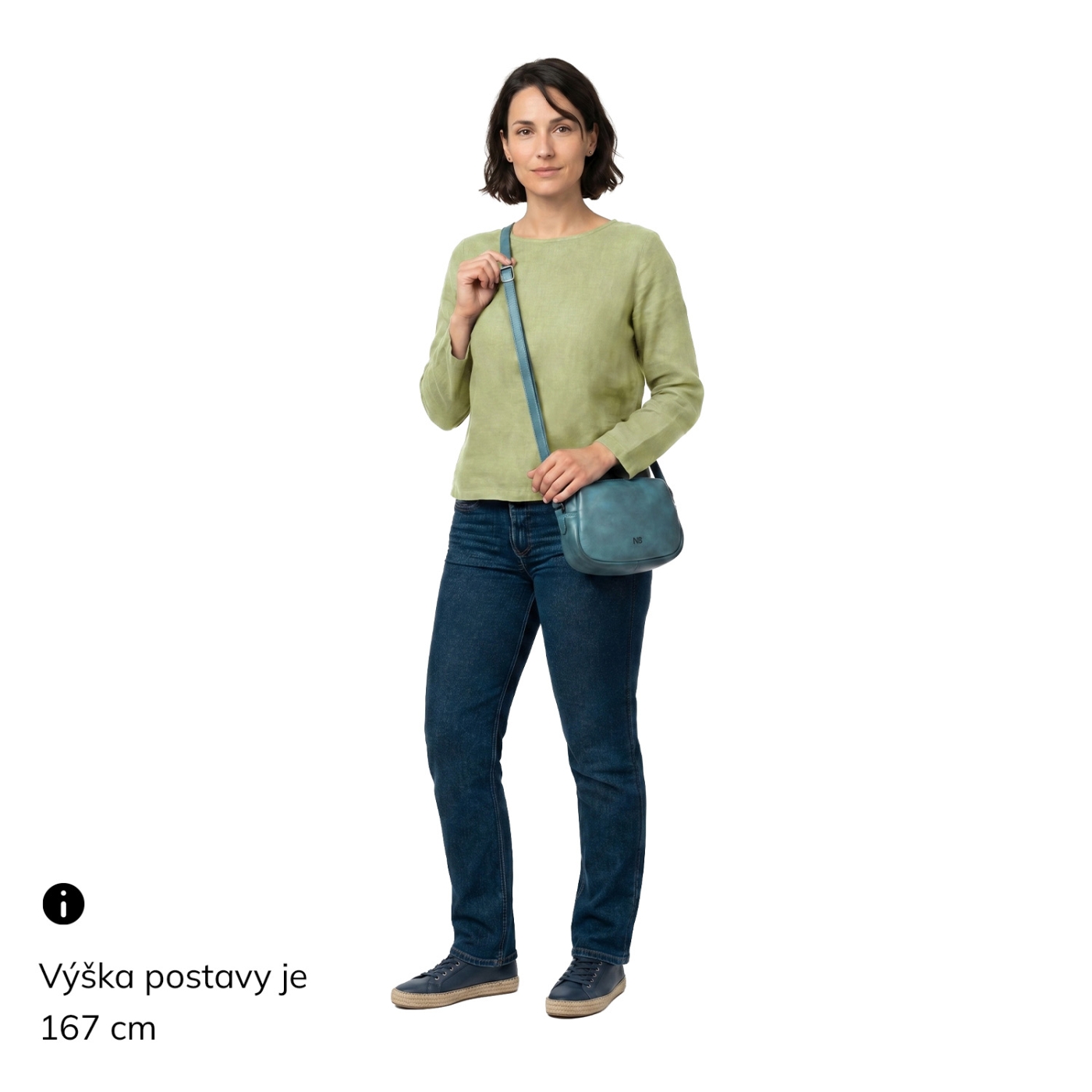 Minimalistická kožená crossbody kabelka Noelia Bolger materiál kůže zapínání na zip barva tyrkysová velikost malá NB 2417 TYR Na postavě