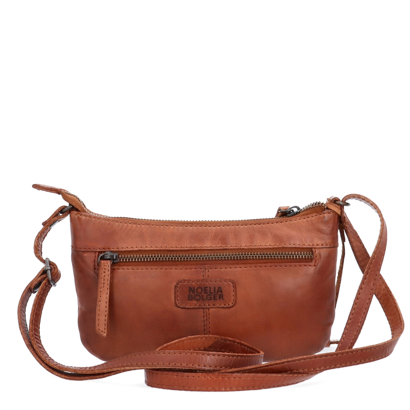 Malá elegantní kožená crossbody kabelka Noelia Bolger materiál kůže zapínání na zip barva koňaková velikost malá NB 2420 KO Zezadu