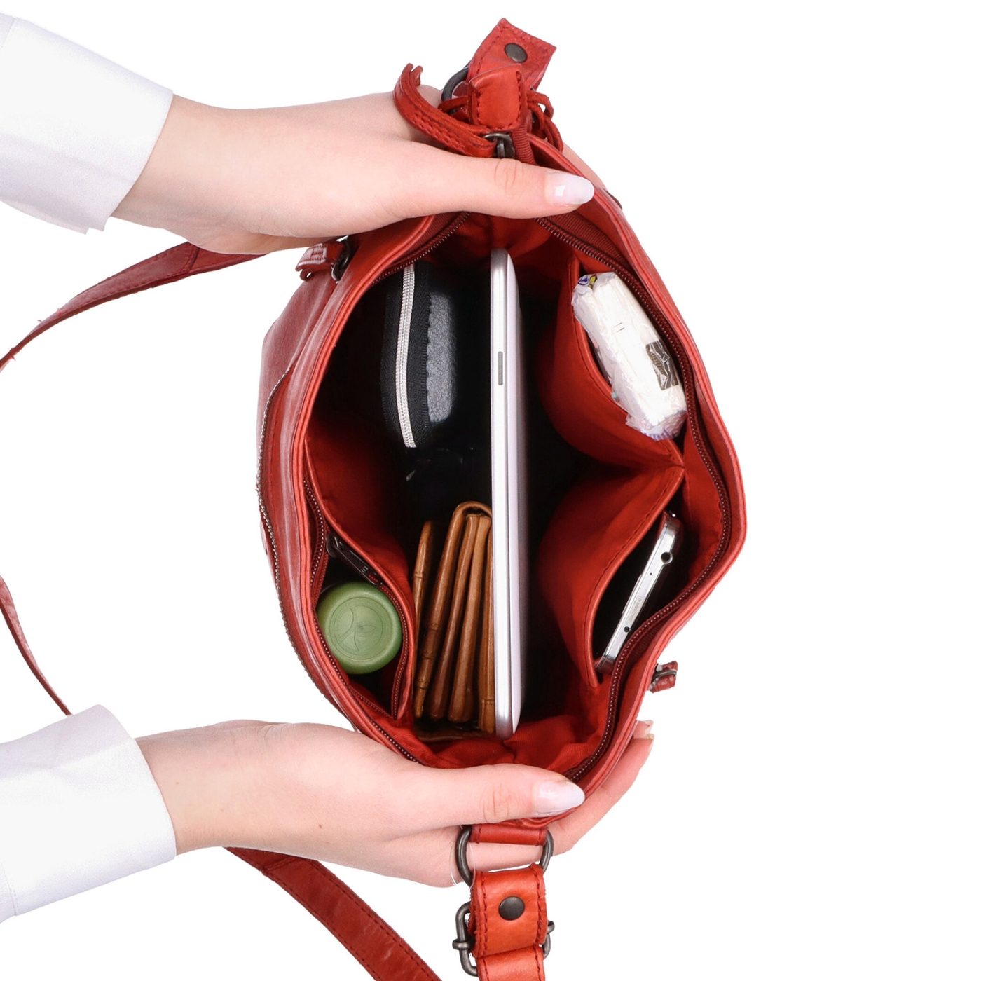 Kožená vintage crossbody s kapsami Noelia Bolger materiál kůže zapínání na zip barva červená velikost střední NB 2006 CV Vnitřek
