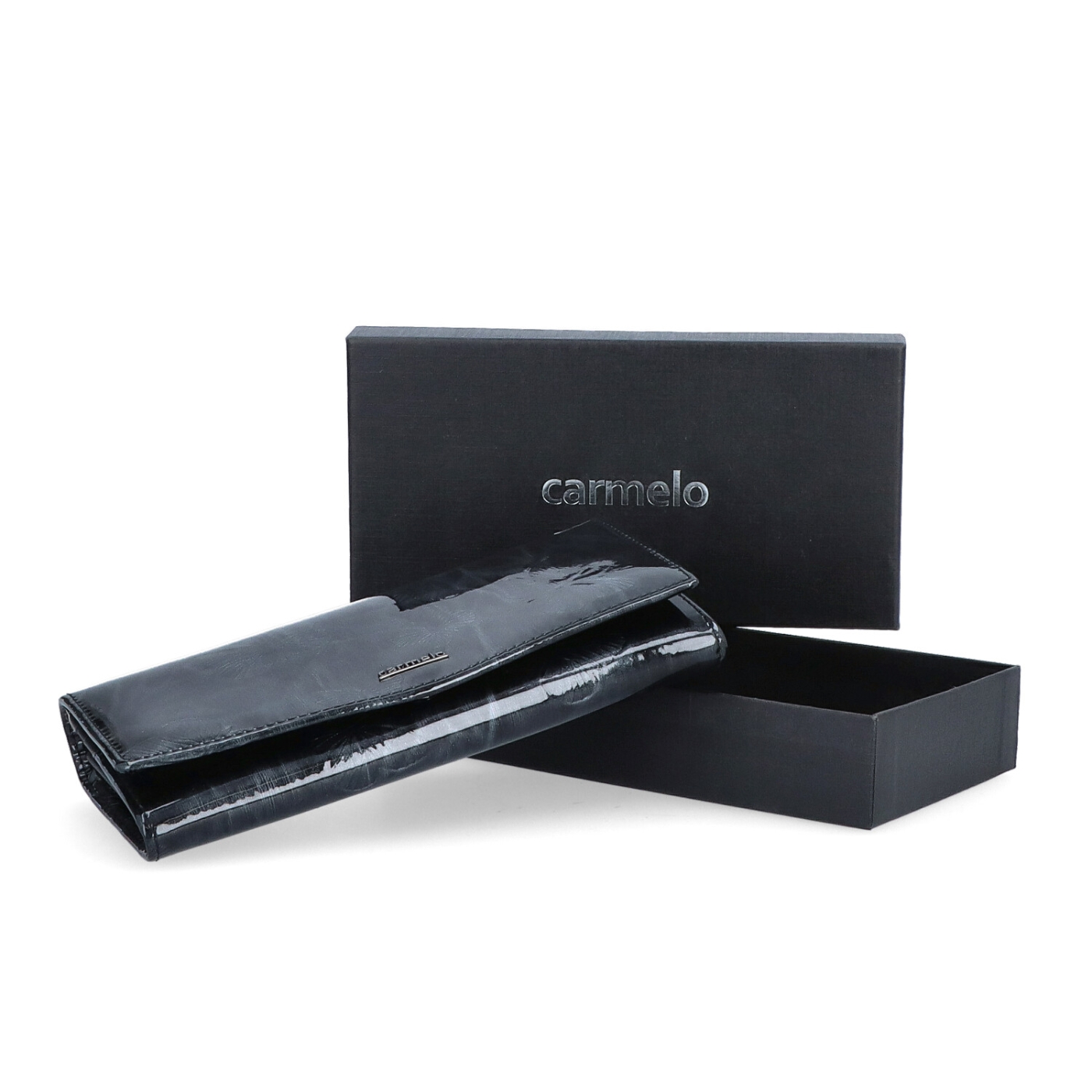 Elegantní dlouhá peněženka Carmelo materiál kůže zapínání na cvoček barva černá velikost velká 2109 M C Krabička