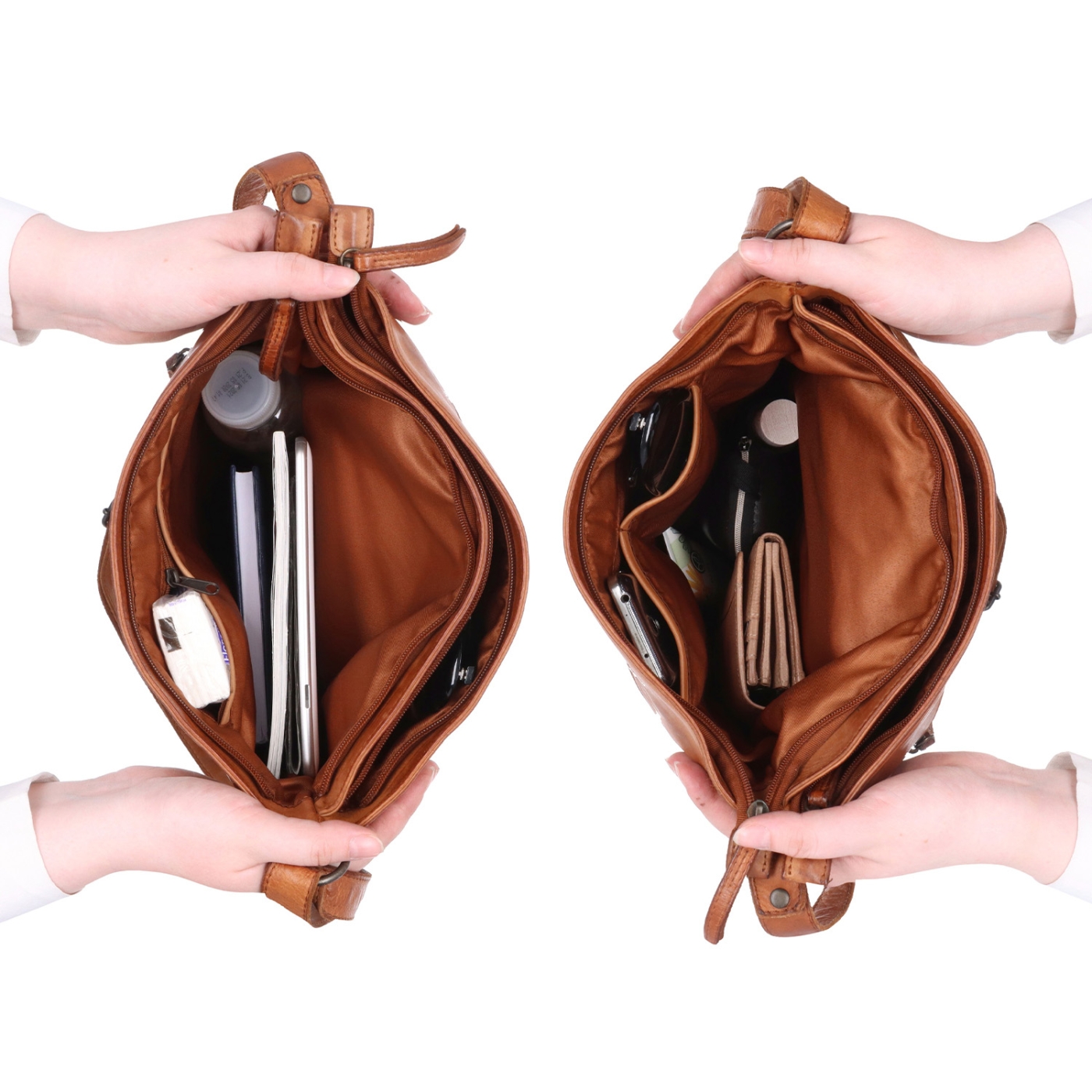 Vintage kožená crossbody kabelka Noelia Bolger materiál kůže zapínání na zip barva koňaková velikost střední NB 2004 KO Vnitřek