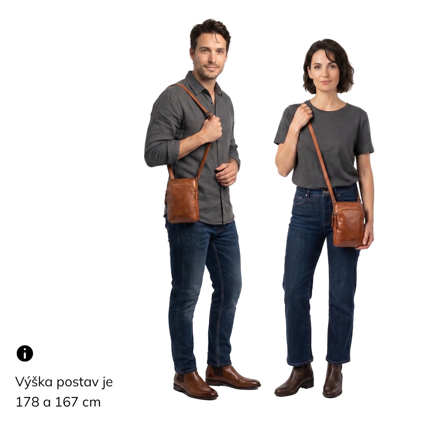 Stylová kožená crossbody taška Noelia Bolger materiál kůže zapínání na zip barva koňaková velikost malá NB 2419 KO Na postavě