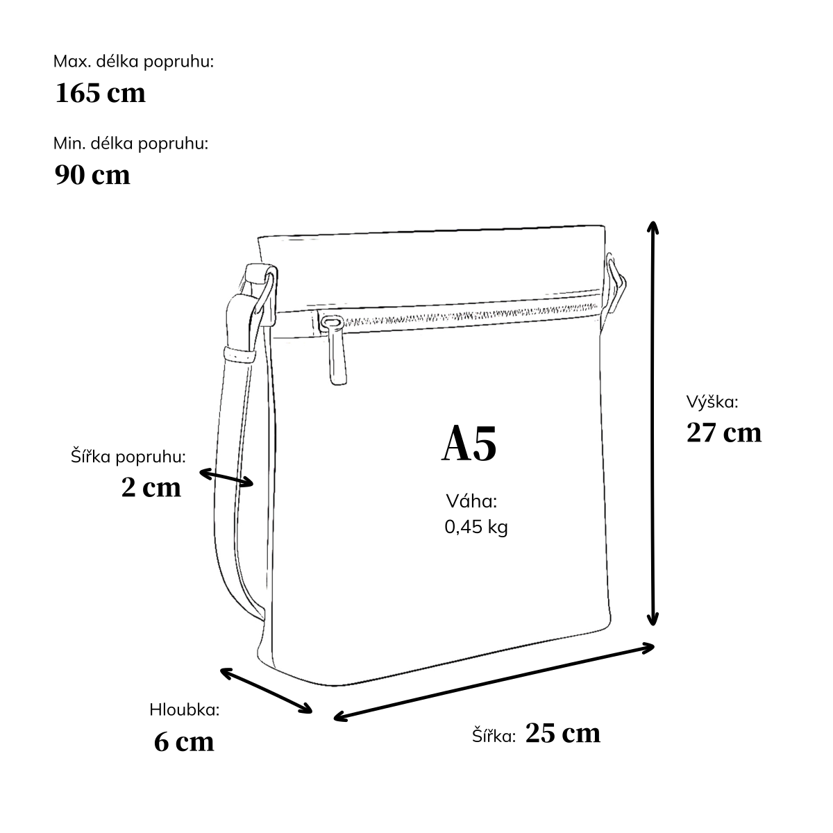 Menší crossbody kabelka Tangerin materiál syntetická kůže zapínání na zip barva černá velikost střední 8022 C Rozměry