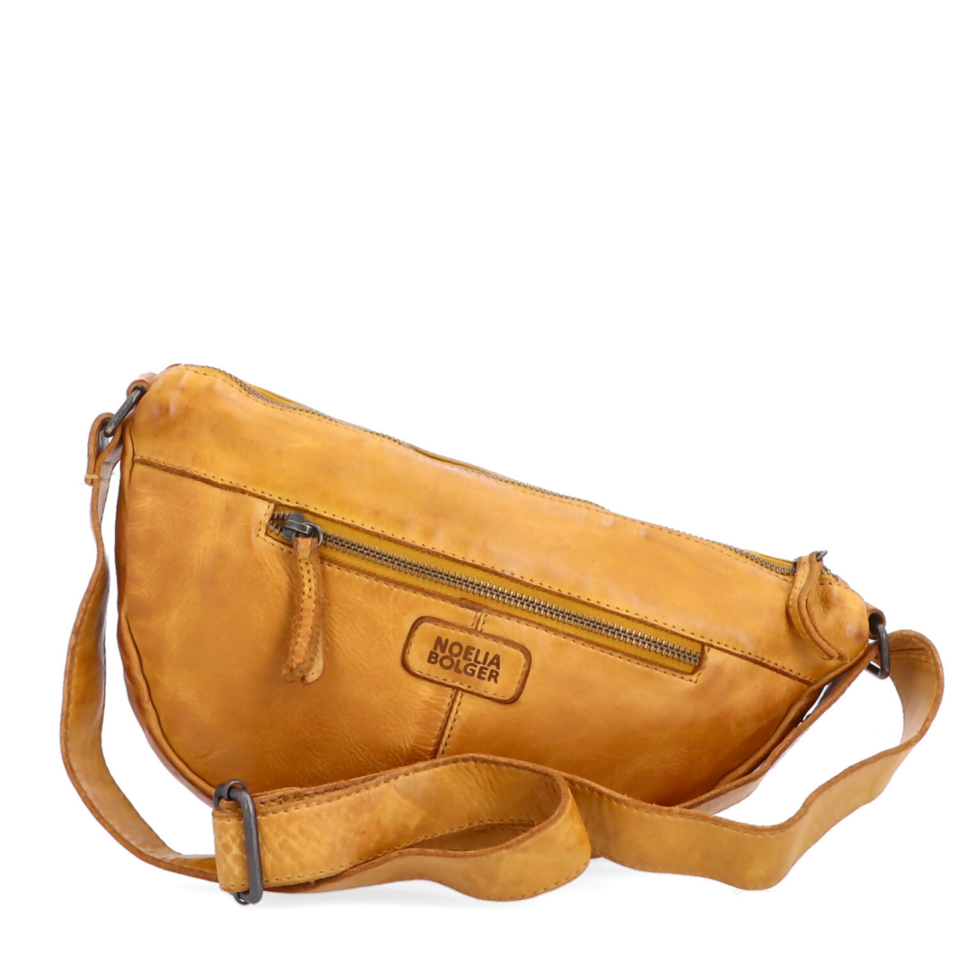 Asymetrická kožená moonbag kabelka Noelia Bolger materiál kůže zapínání na zip barva žlutá velikost malá NB 2413 ZLU Zezadu