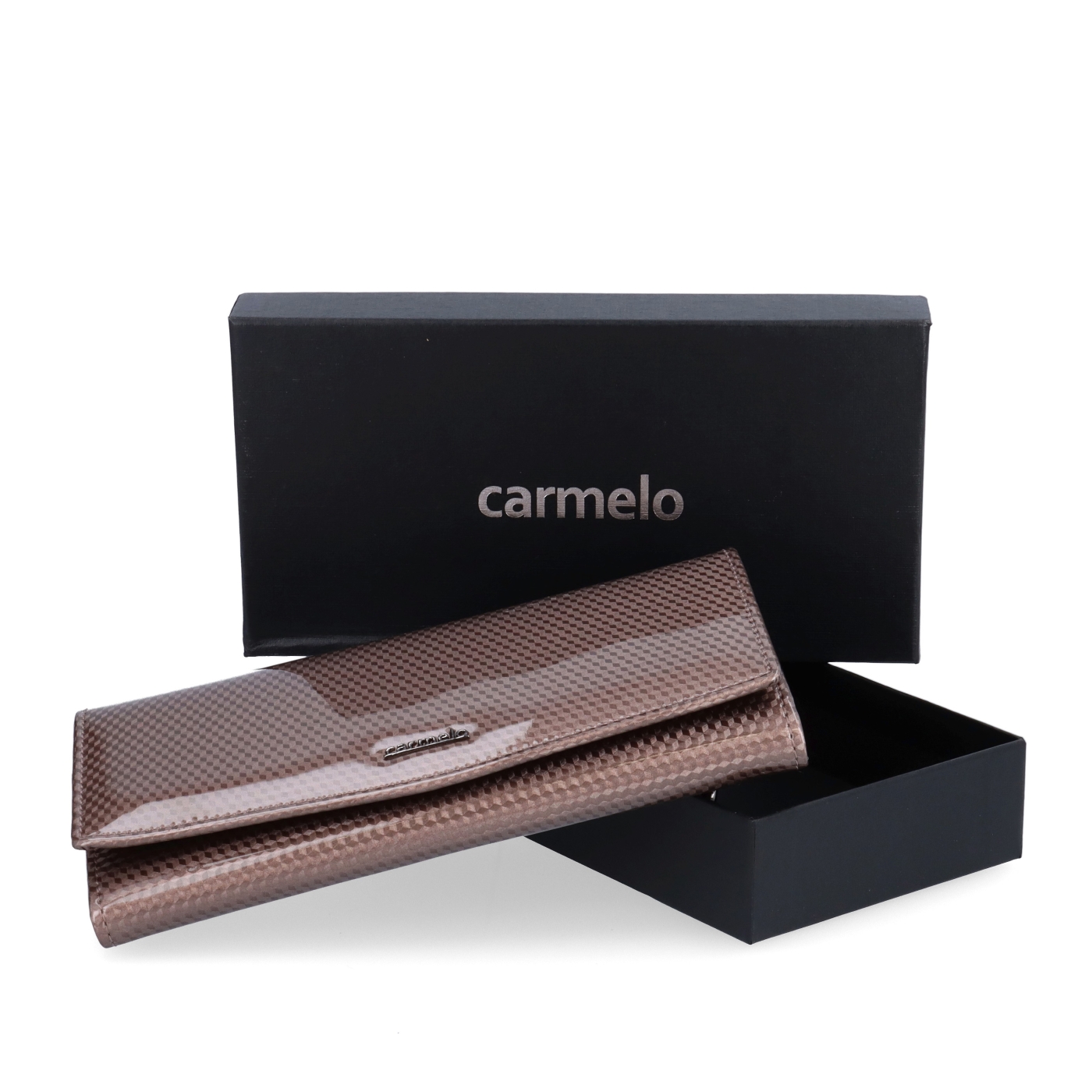 Stylová lakovaná peněženka z pravé kůže Carmelo materiál kůže zapínání na cvoček barva taupe velikost velká 2109 K T Krabička