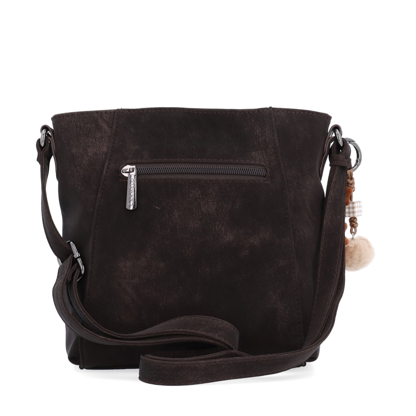 Stylová crossbody kabelka s odepínacím přívěskem Carmelo materiál syntetická kůže zapínání na zip barva hnědá velikost malá 4662 TH Zezadu