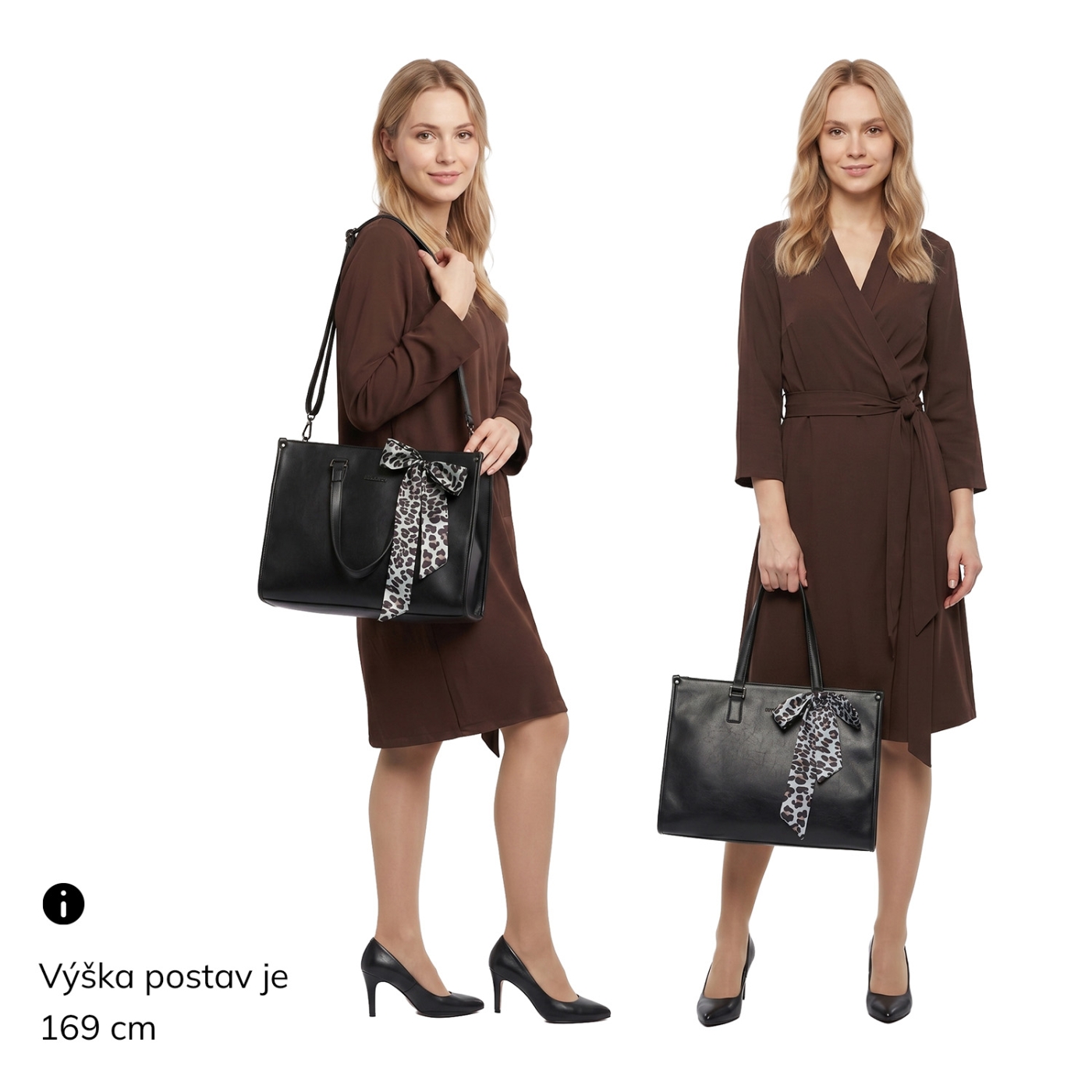Elegantní kabelka do ruky s ozdobným šátkem Le Sands materiál syntetická kůže zapínání na zip barva černá velikost velká 7727 C Na postavě