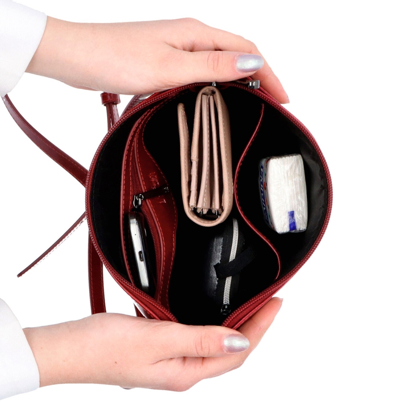Luxusní kožená crossbody kabelka Noelia Bolger materiál kůže zapínání na zip barva červená velikost malá NB 0077 TCV Vnitřek
