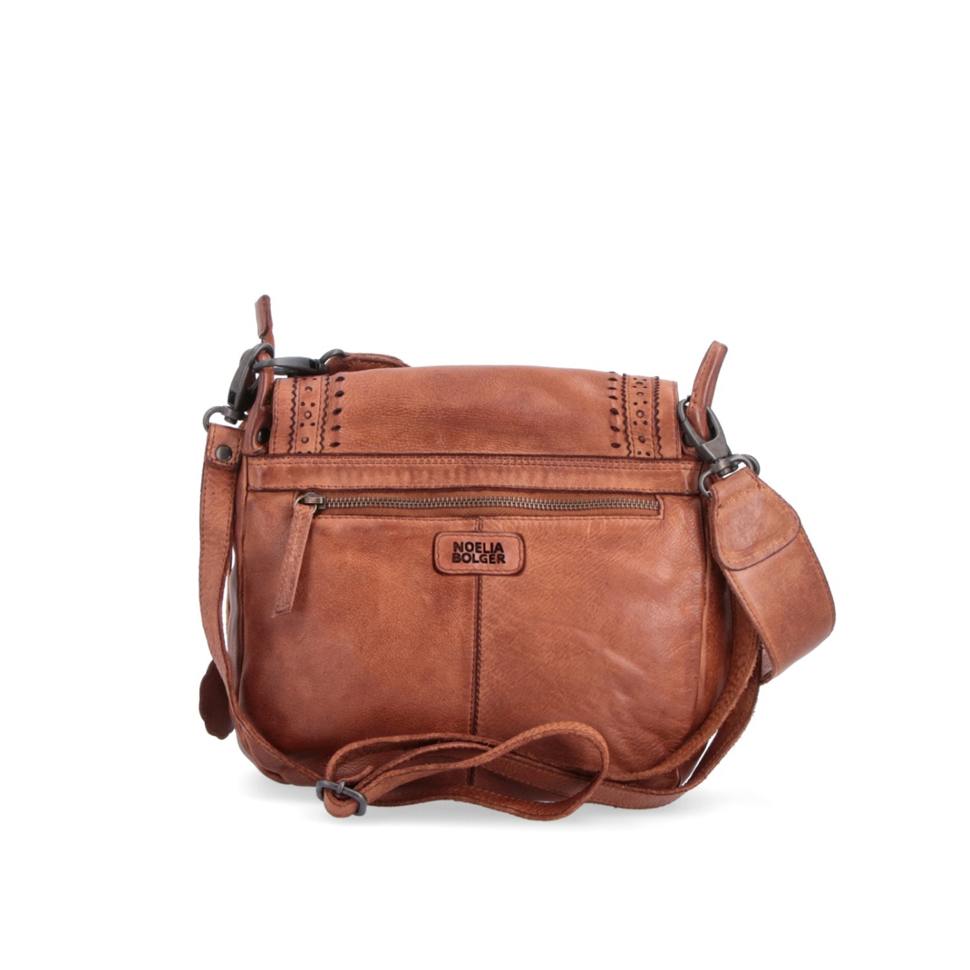 Kožená crossbody kabelka se zdobenou klopou Noelia Bolger materiál kůže zapínání s klopou barva koňaková velikost střední NB 2030 KO Zezadu