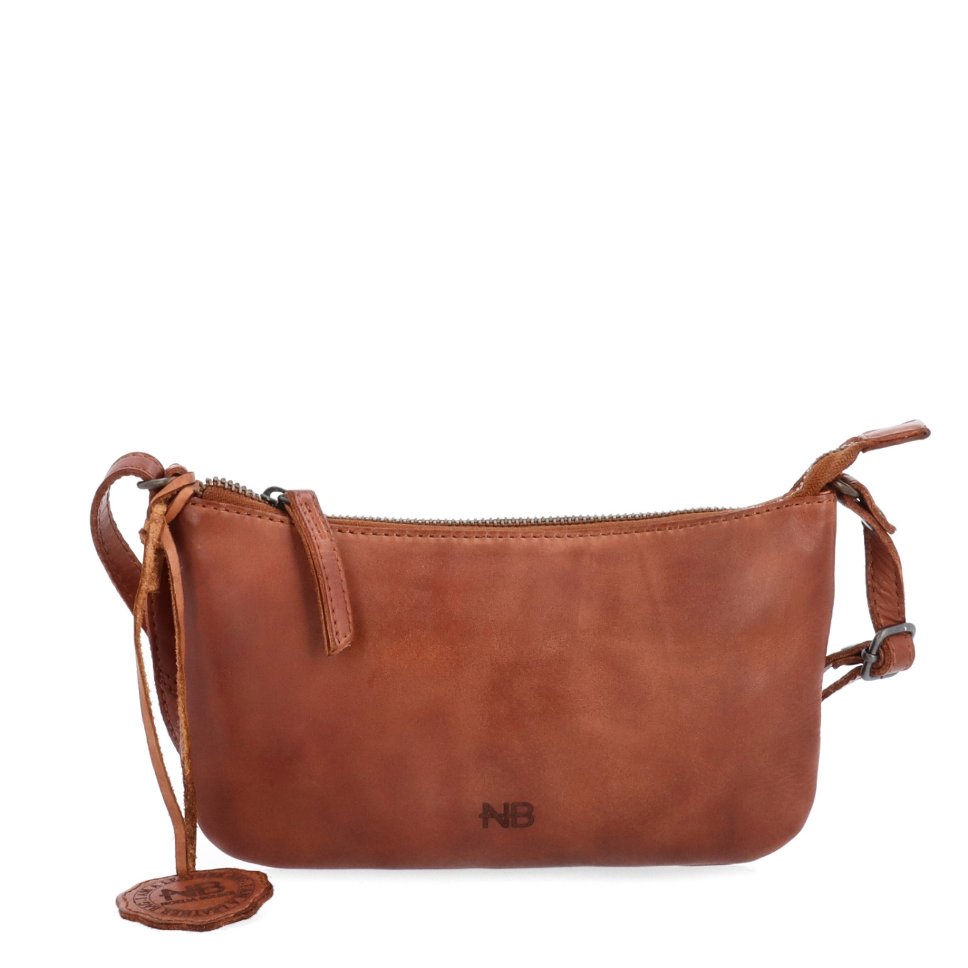 Malá elegantní kožená crossbody kabelka Noelia Bolger materiál kůže zapínání na zip barva koňaková velikost malá NB 2420 KO Zepředu