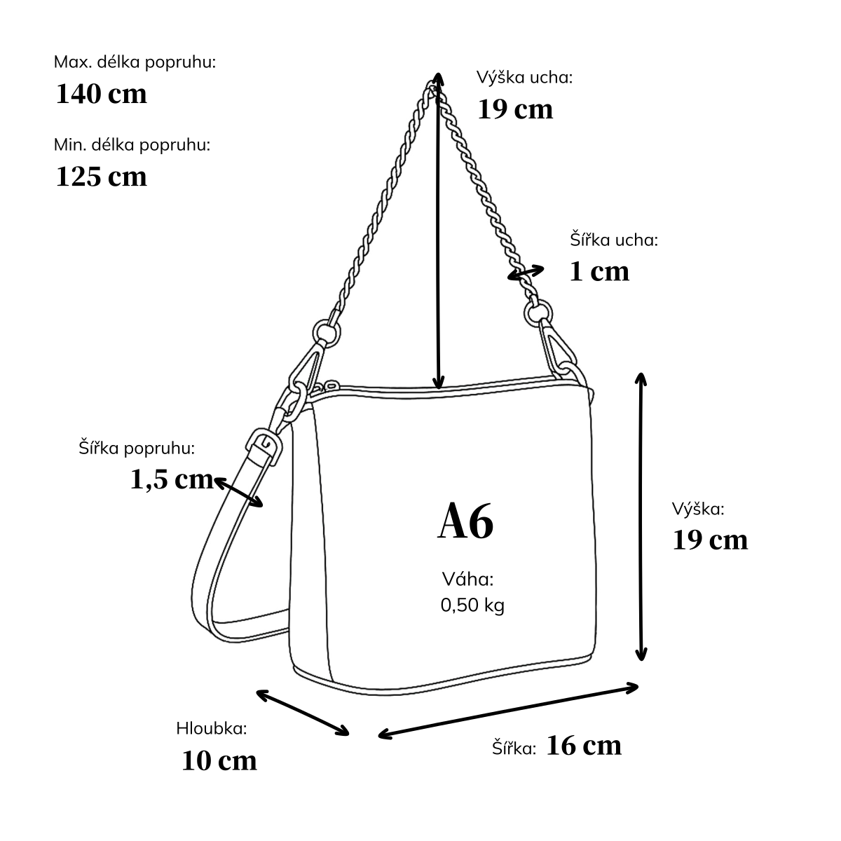Malá kožená crossbody kabelka s výrazným řetízkem Noelia Bolger materiál kůže zapínání na zip barva černá velikost malá NB 3016 C Rozměry