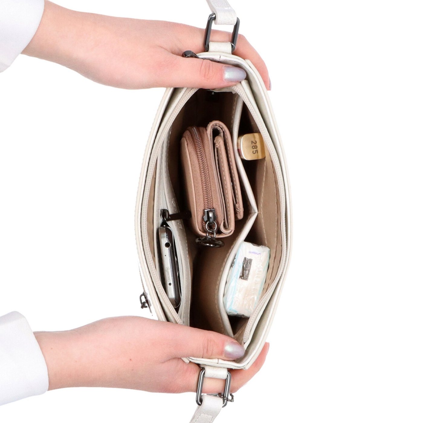 Elegantní, pevnější kožená crossbody kabelka Noelia Bolger materiál kůže zapínání na zip barva bílá velikost malá NB 0103 OW Vnitřek