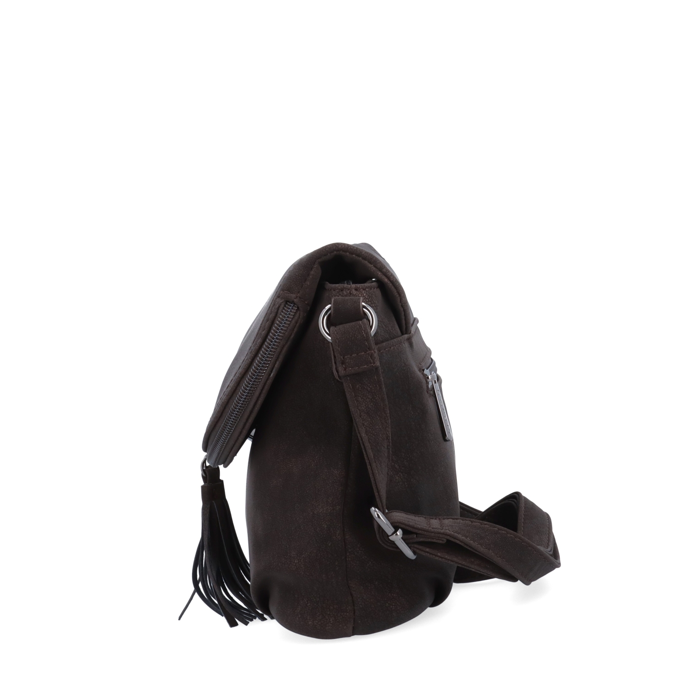 Stylová crossbody kabelka s praktickou klopou Carmelo materiál syntetická kůže zapínání na zip barva hnědá velikost malá 4661 TH Z boku