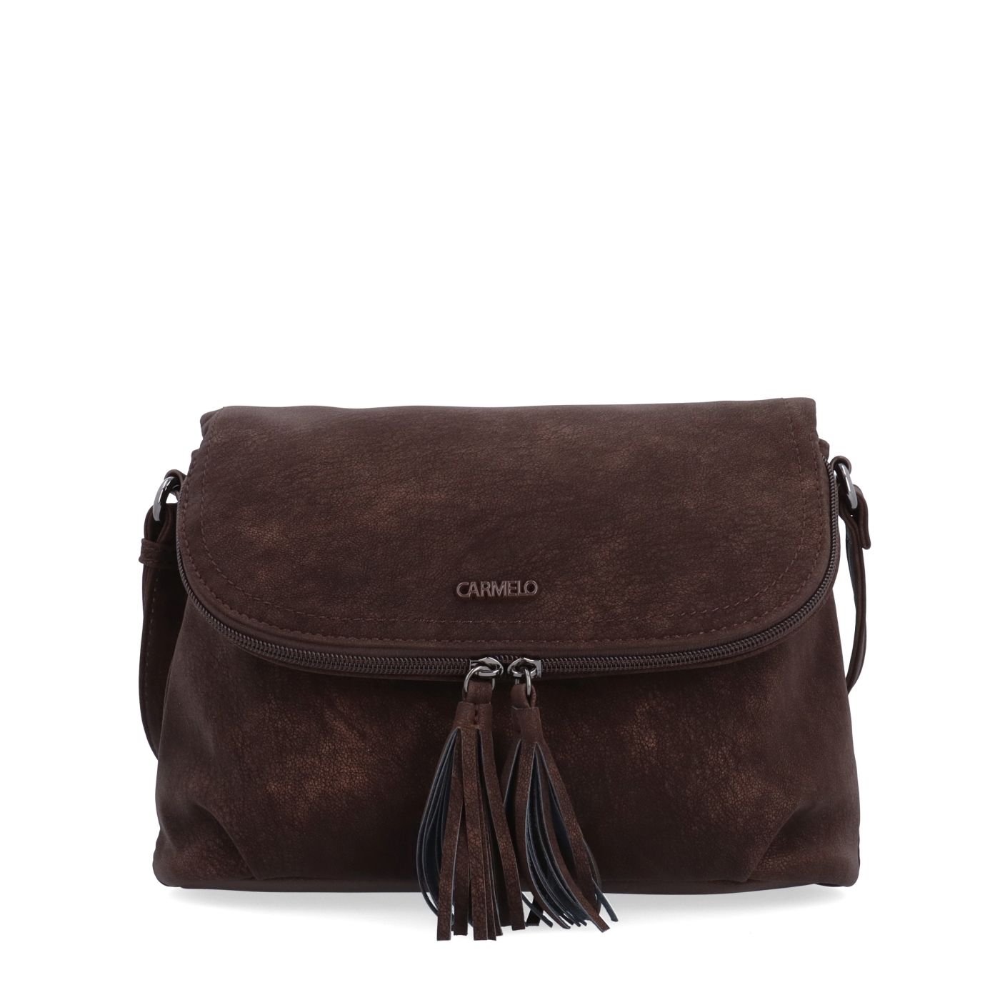 Stylová crossbody kabelka s praktickou klopou Carmelo materiál syntetická kůže zapínání na zip barva hnědá velikost malá 4661 H Zepředu