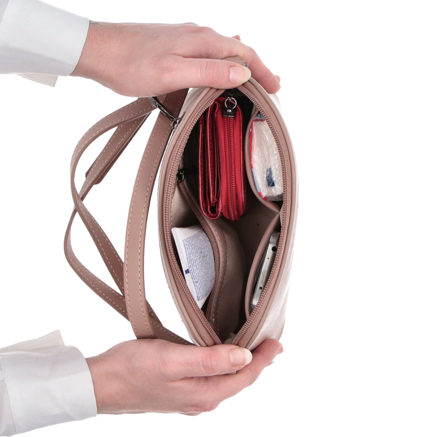Luxusní kabelka přes rameno Noelia Bolger materiál kůže zapínání na zip barva nude velikost malá NB 0070 N Vnitřek