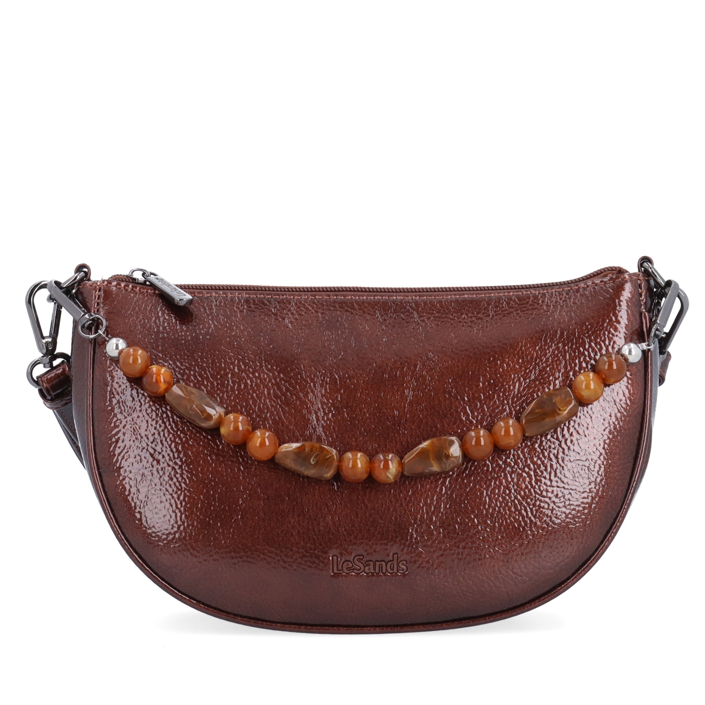 Stylová crossbody kabelka s odnímatelným ozdobným řetízkem Le Sands materiál syntetická kůže zapínání na zip barva hnědá velikost malá 4639 H Zepředu