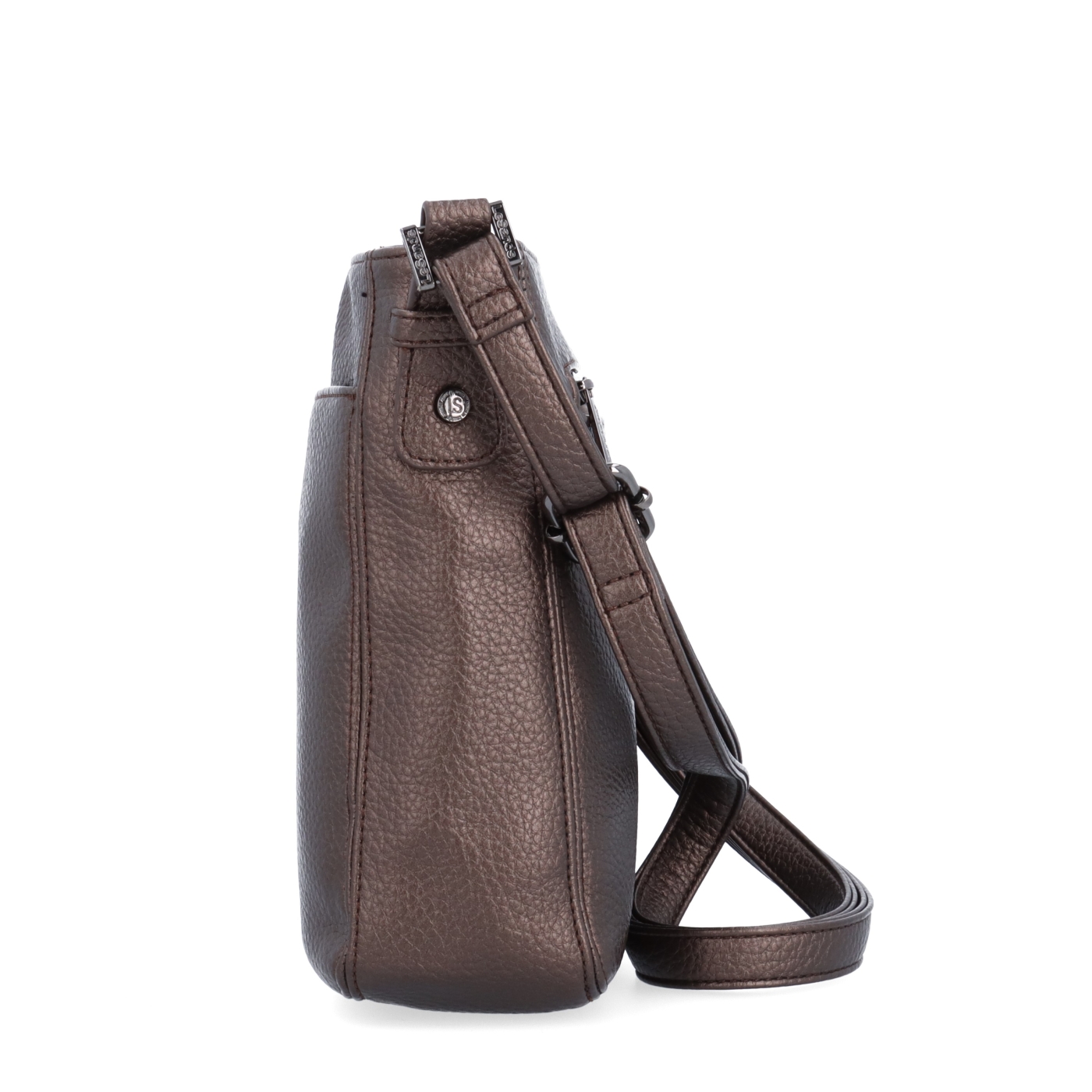Praktická crossbody kabelka s přední kapsou Le Sands materiál syntetická kůže zapínání na zip barva metalická velikost střední 4653 BR Z boku