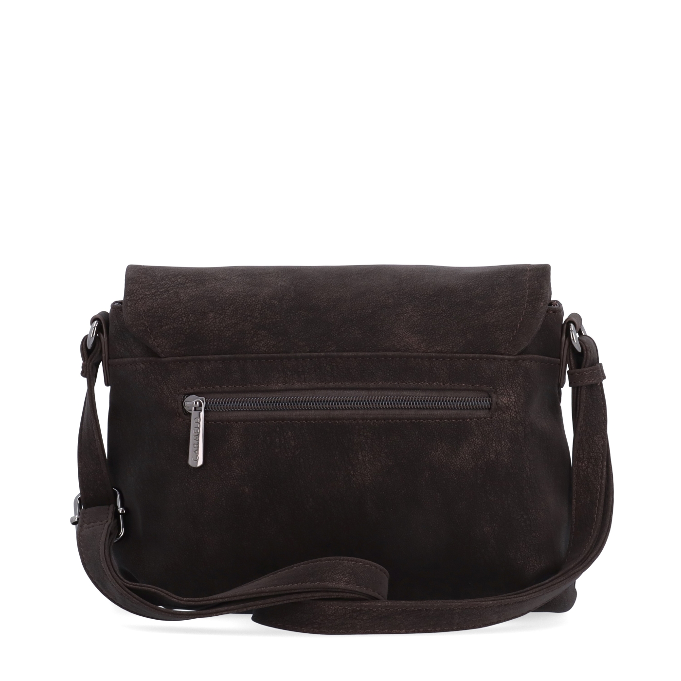 Stylová crossbody kabelka s praktickou klopou Carmelo materiál syntetická kůže zapínání na zip barva hnědá velikost malá 4661 TH Zezadu