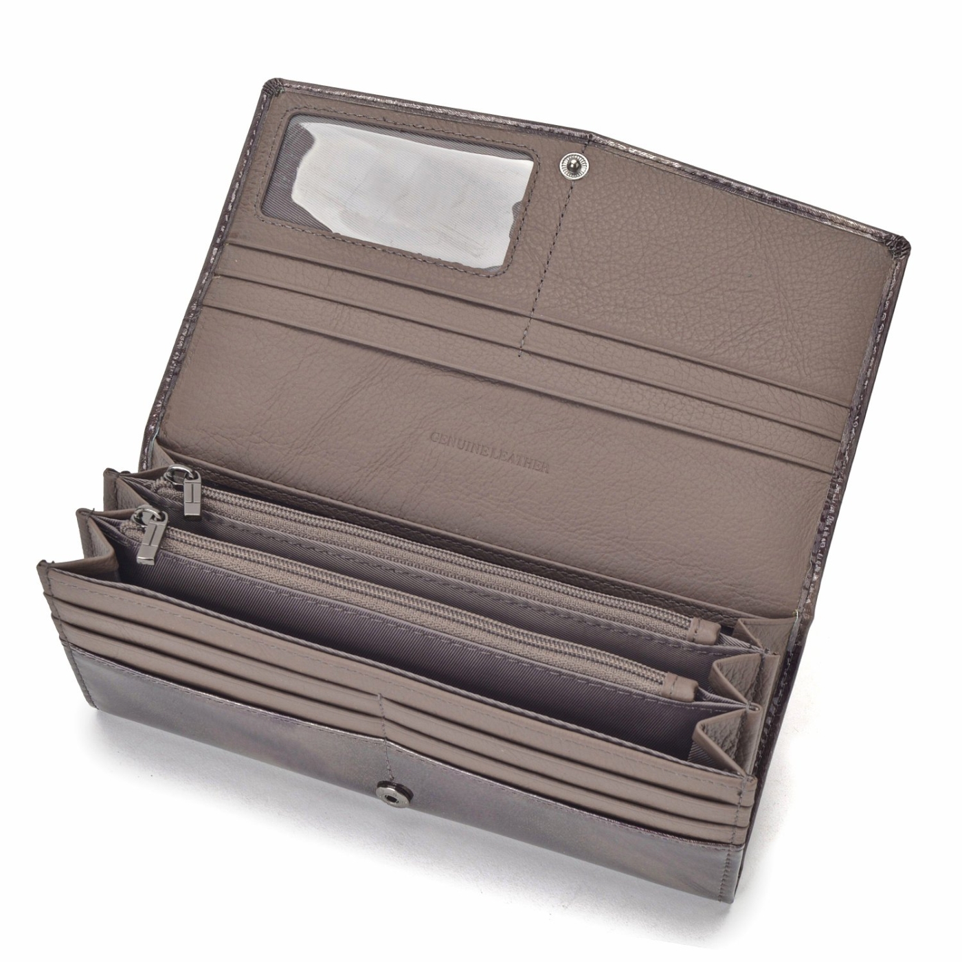 Elegantní dlouhá peněženka Carmelo materiál kůže zapínání na cvoček barva taupe velikost velká 2109 P T Shora