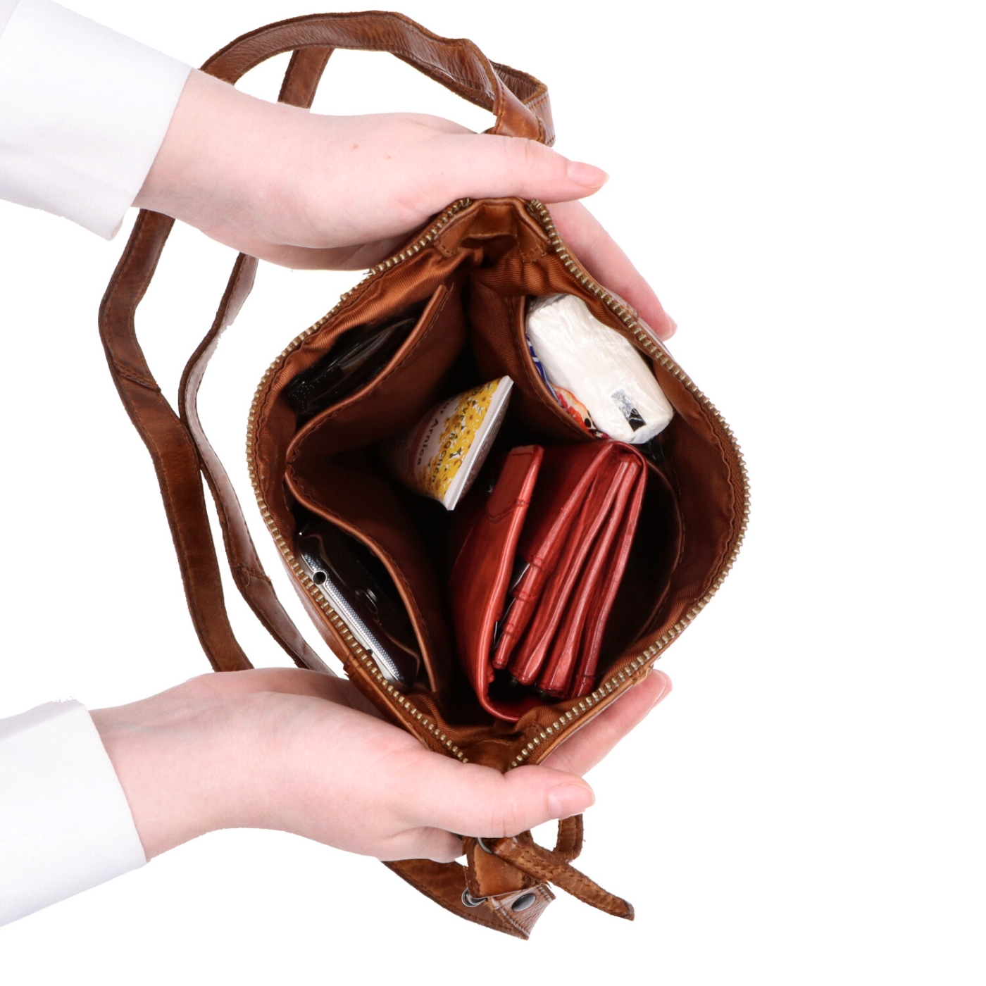 Malá kožená crossbody s prošitím Noelia Bolger materiál kůže zapínání na zip barva koňaková velikost malá NB 2086 KO Vnitřek