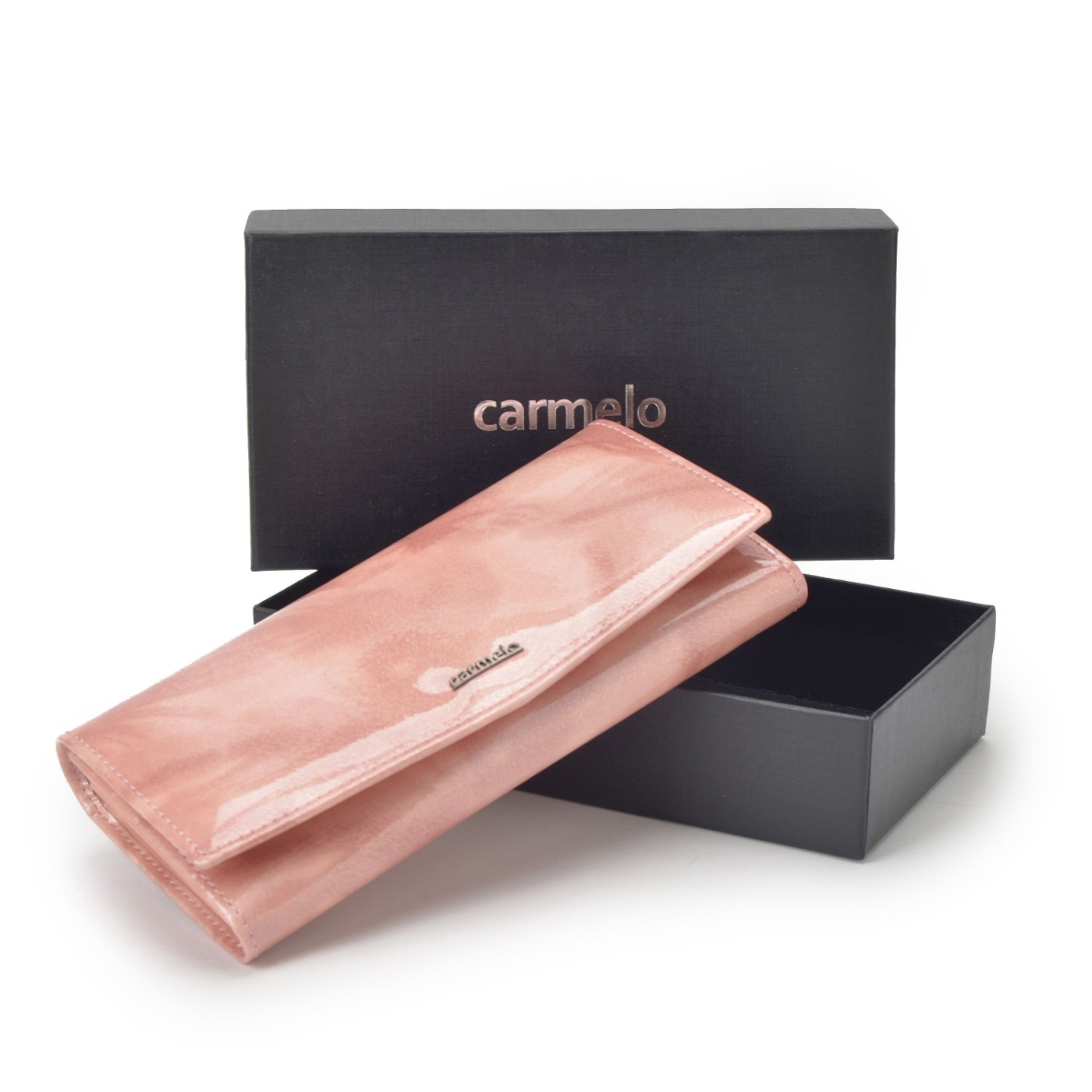 Elegantní dlouhá peněženka Carmelo materiál kůže zapínání na cvoček barva růžová velikost velká 2109 P R Krabička