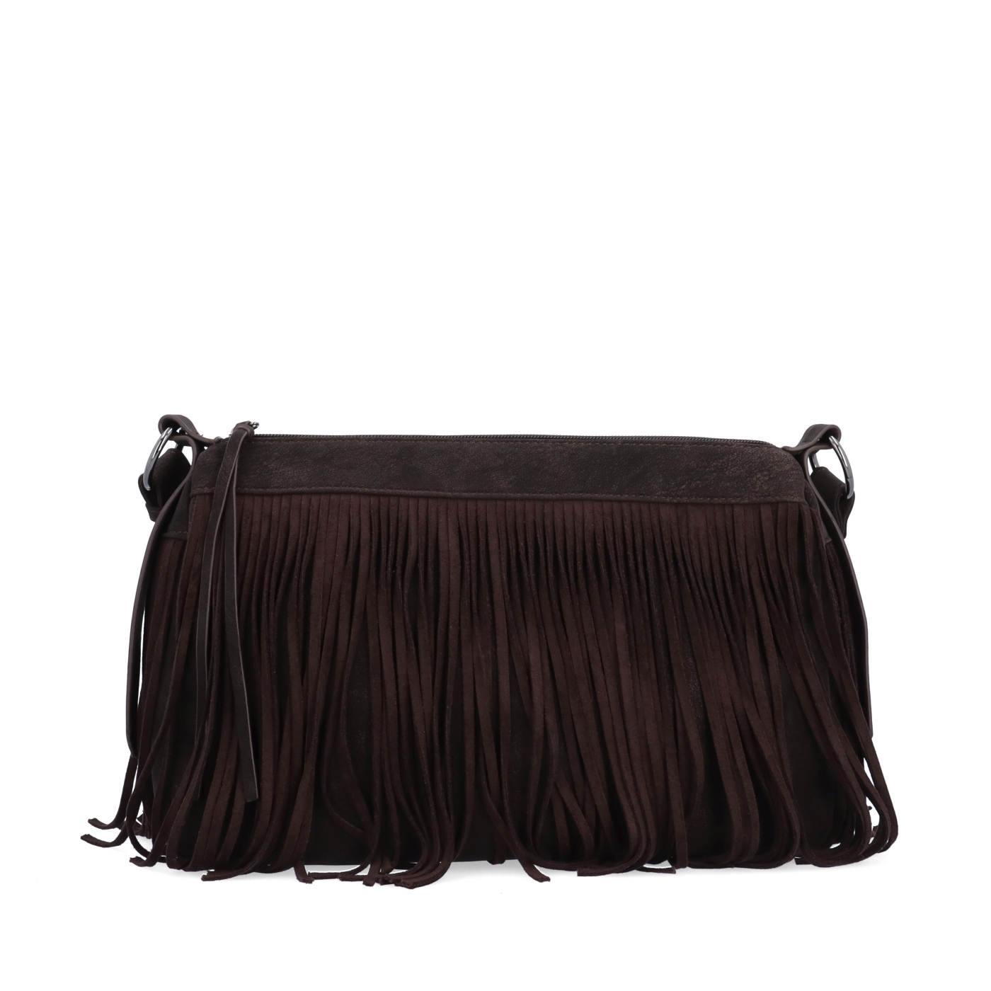 Stylová crossbody kabelka s třásněmi Carmelo materiál syntetická kůže zapínání na zip barva hnědá velikost střední 4674 TH Zepředu