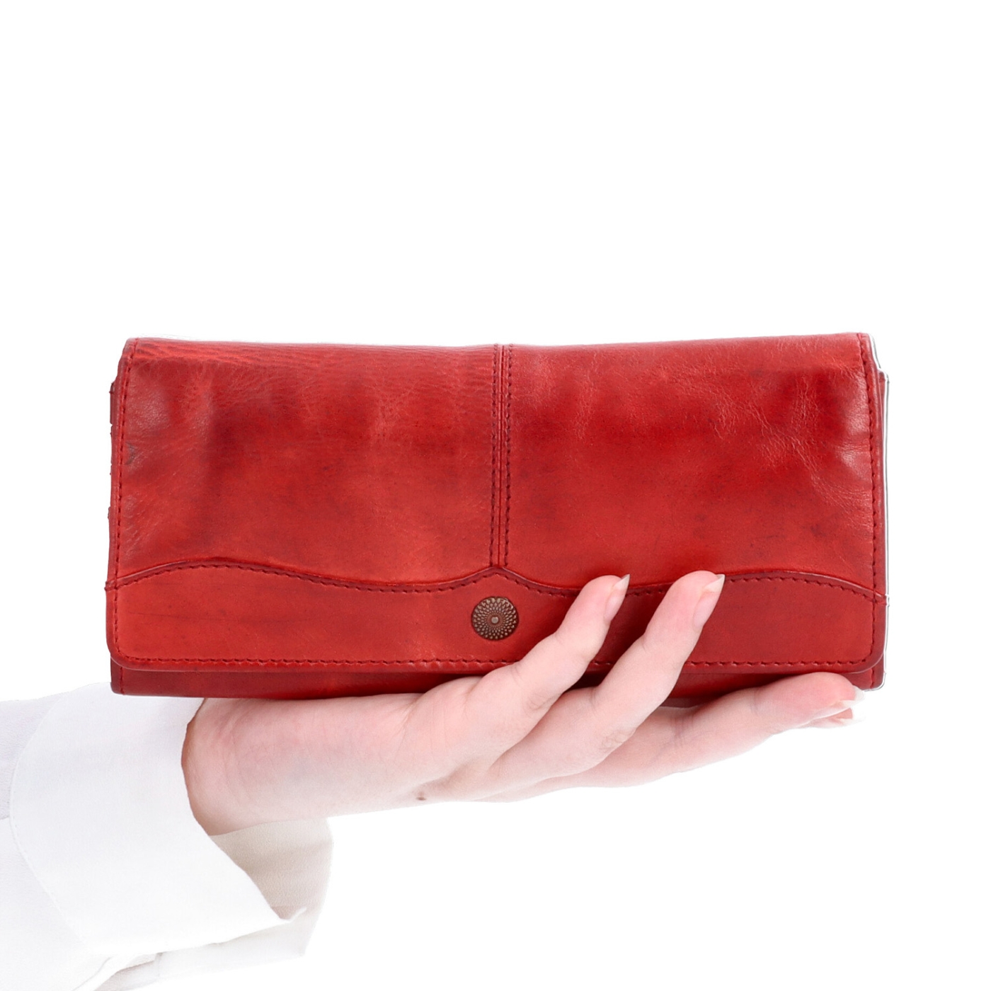 Dlouhá kožená peněženka s prošitím Noelia Bolger materiál kůže zapínání na cvoček barva červená velikost velká 5126 NB CV V ruce