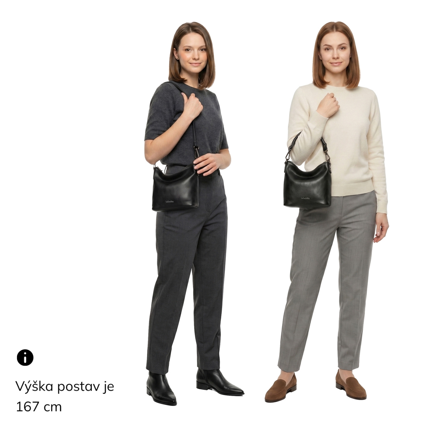 Elegantní kabelka s jemným leskem a praktickým tvarem Le Sands materiál syntetická kůže zapínání na zip barva černá velikost malá 4368 C Na postavě
